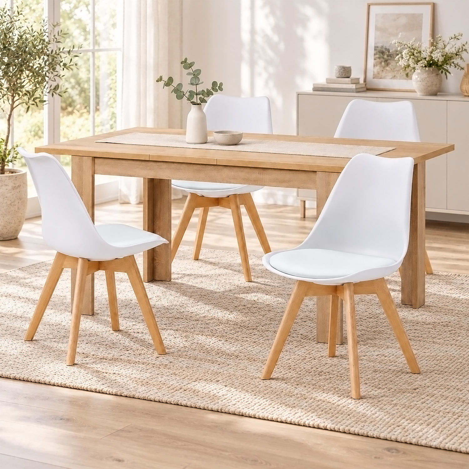 Dining Set (5-Piece): 120x80 cm oak extendable dining table with 4 white plastic chairs and wooden legs