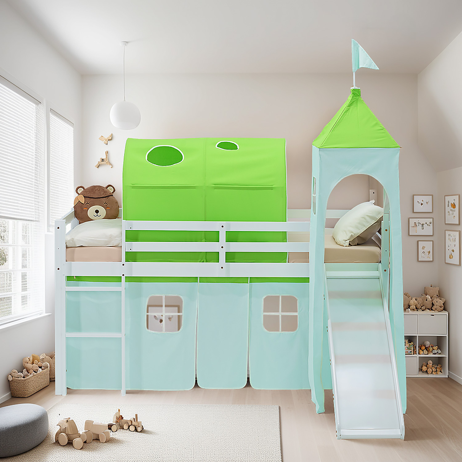 Loft Bed for Kids 90x200 cm White with Curtain in Green | Slide | Tower | Tunnel | with Slatted Frame