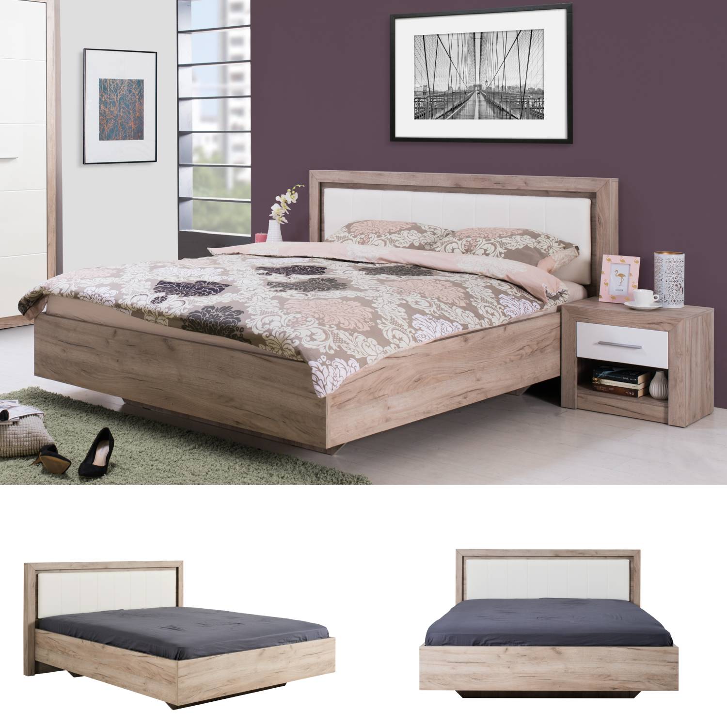 Wooden bed with upholstered headboard 160x200 cm oak und Leder Weiß | with 2 slatted frames | double fabric bed
