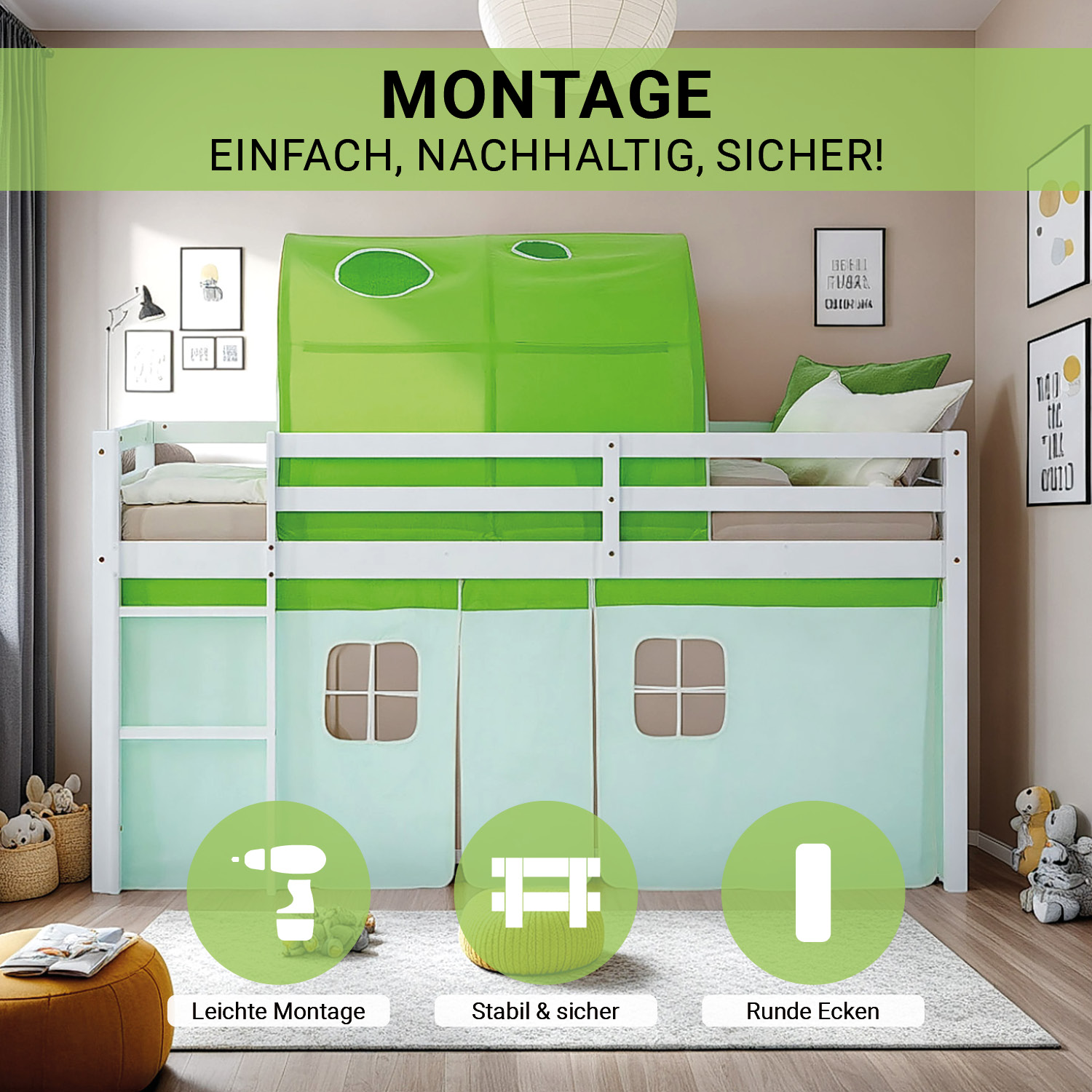 Loft Bed for Kids 90x200 cm White with Curtain in Green | Tunnel | without Slatted Frame