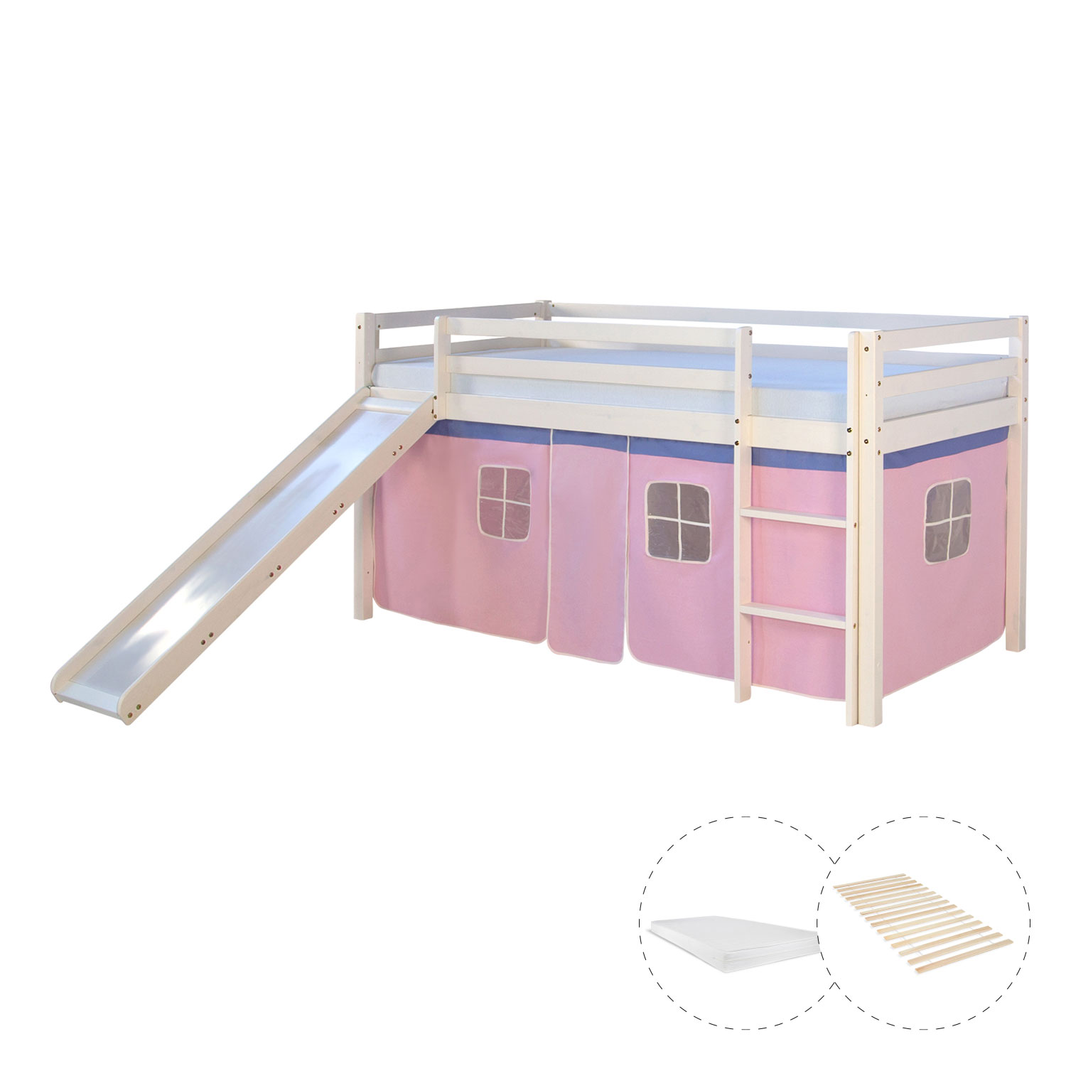 Loftbed 90x200 cm with Slide Mattress Bunk bed Childrens bed Solid Pine Wood Slats Curtain Pink