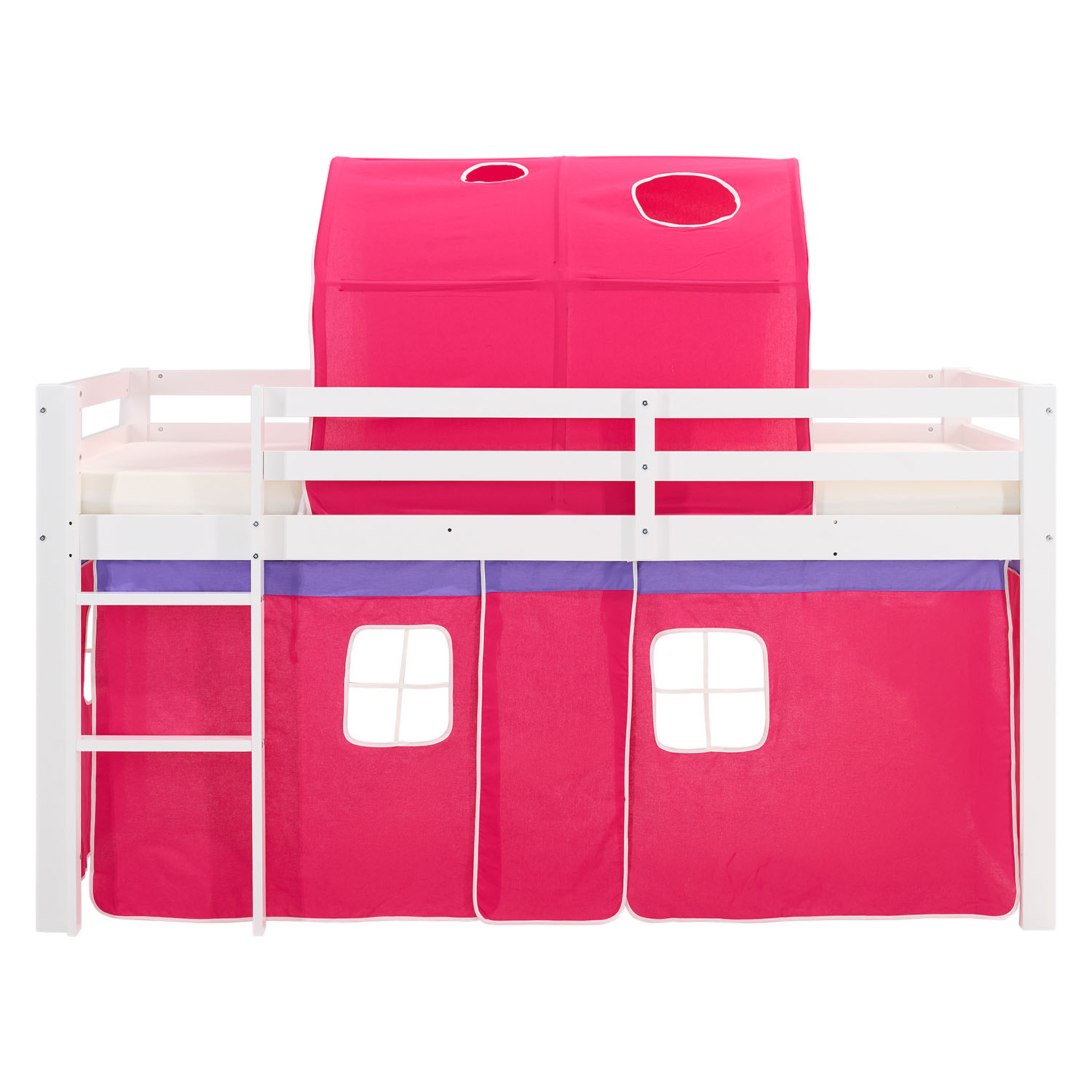 Loftbed 90x200 cm with Mattress Bunk bed Childrens bed Solid Pine Wood Slats Tunnel Curtain Pink
