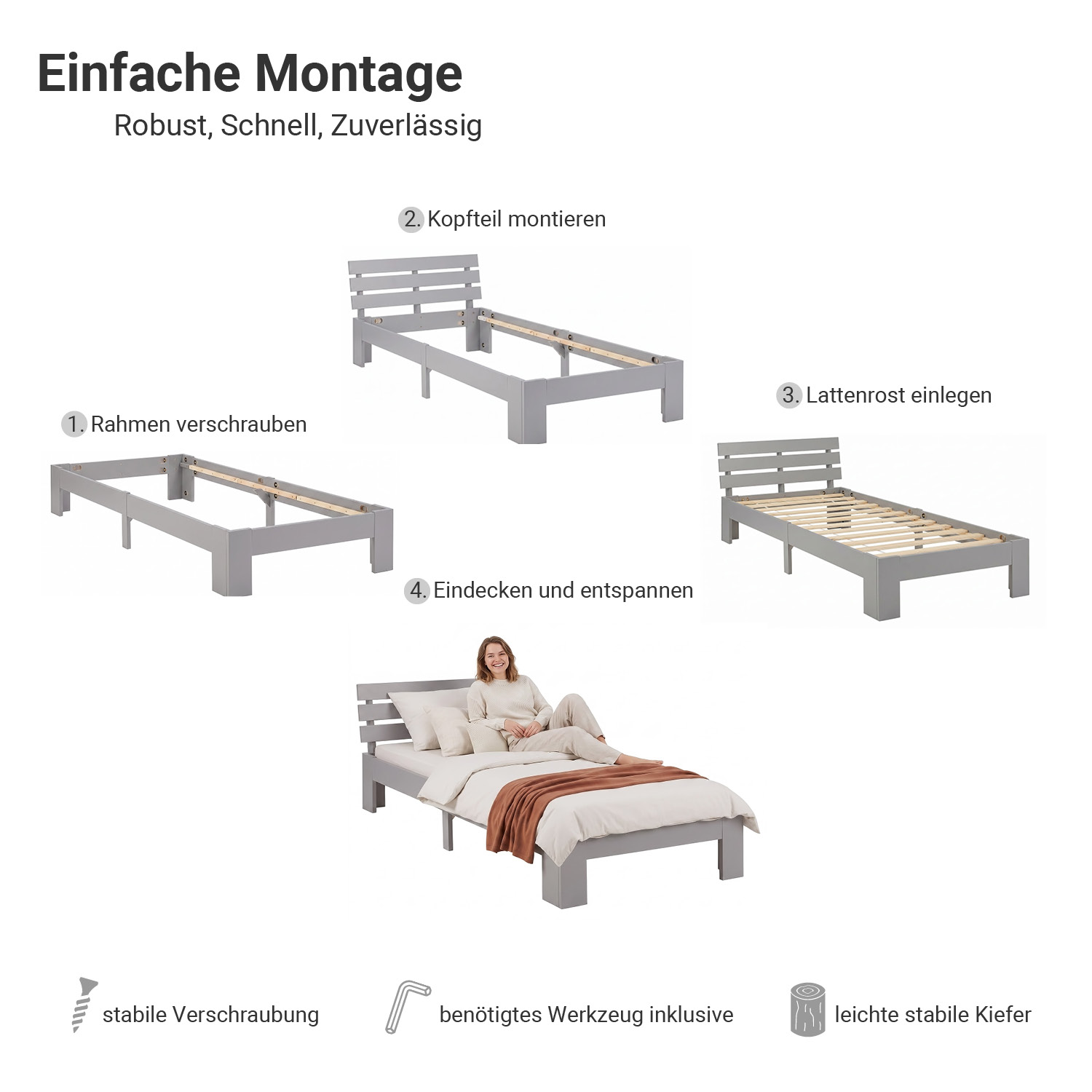 Wooden Bed 90x200 cm Gray | Single Bed | With Slatted Base | Solid Wood | Children's, Teen, or Guest Bedroom