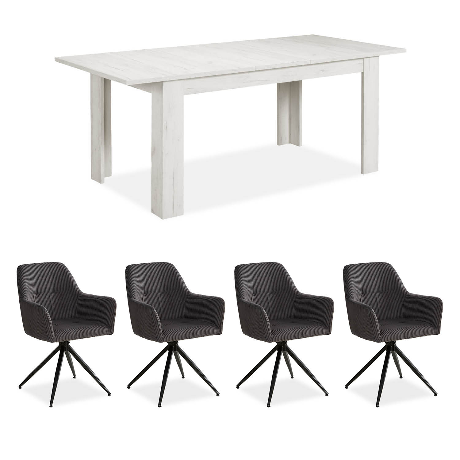 Dining set | 4-piece set upholstered chairs grey cord with armrest | swivel |&nbsp;dining table white vintage 160 x 90 cm | extendable 200 cm