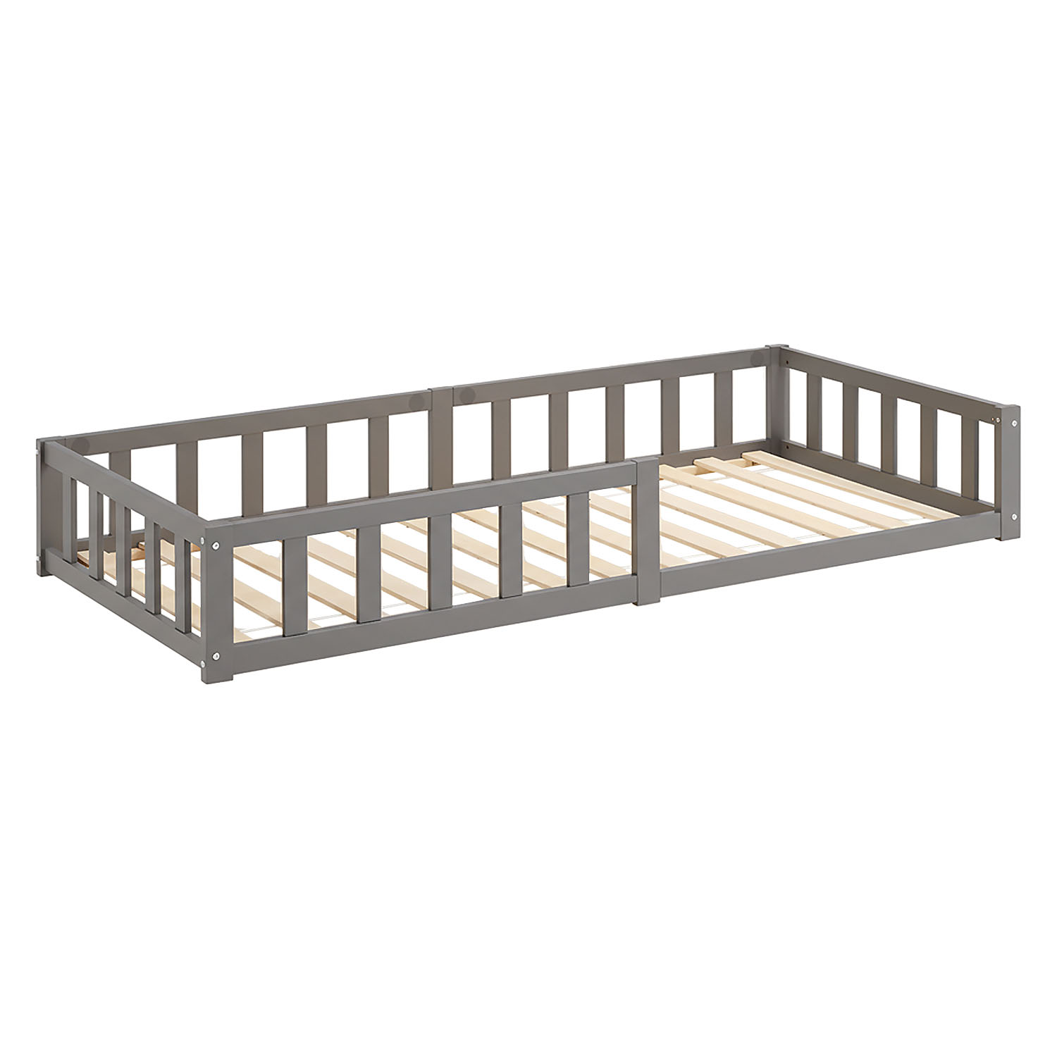 Children's Bed 90x200 Grey | Floor Bed with Mattress & Slatted Frame | with Fall Protection | Montessori