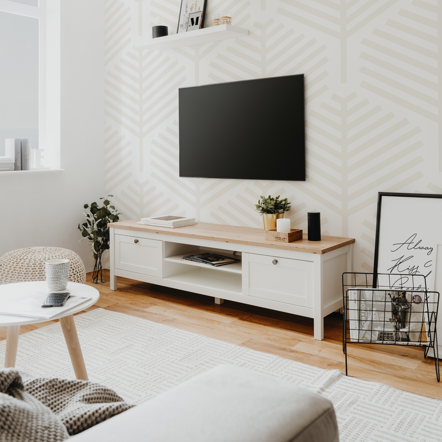 TV Board Wood TV Cabinet Lowboard TV Bench Sideboard White Natural