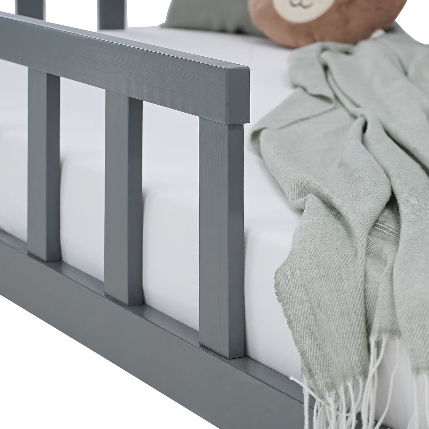 Children's Bed 90x200 Grey | Floor Bed with Mattress & Slatted Frame | with Fall Protection | Montessori
