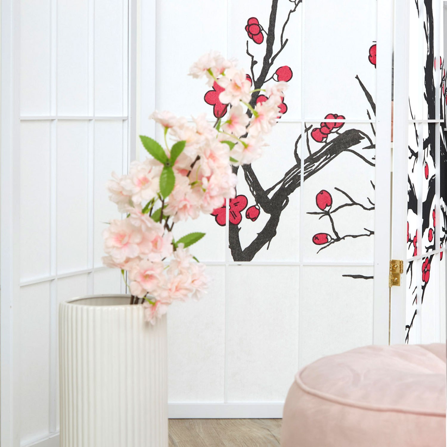 Paravent White Cherry Pattern | Rice Paper White | 6-panel | Wood | Room Divider Partition Privacy Screen