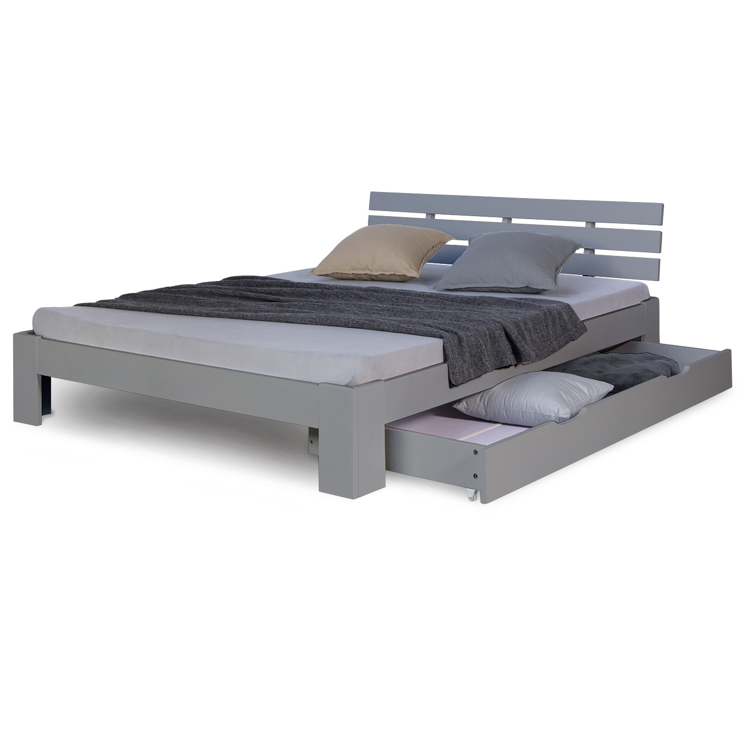 Wood Bed 140x200 cm Gray | Double Bed with Storage Drawer | with Slatted Frame | Solid | Kids Youth Guest Bedroom