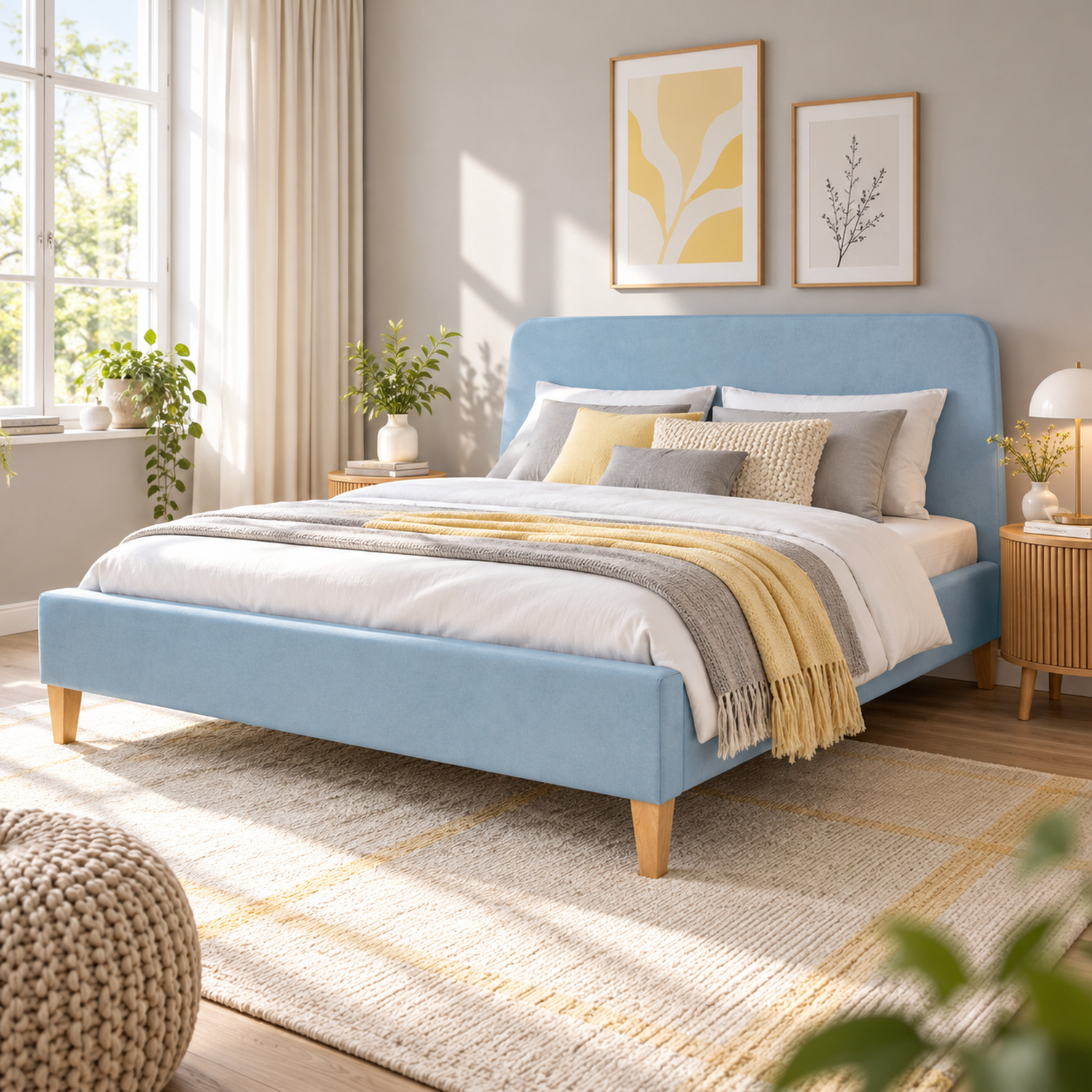 Upholstered bed 140x200 cm light blue | with slatted frame | double fabric bed frame