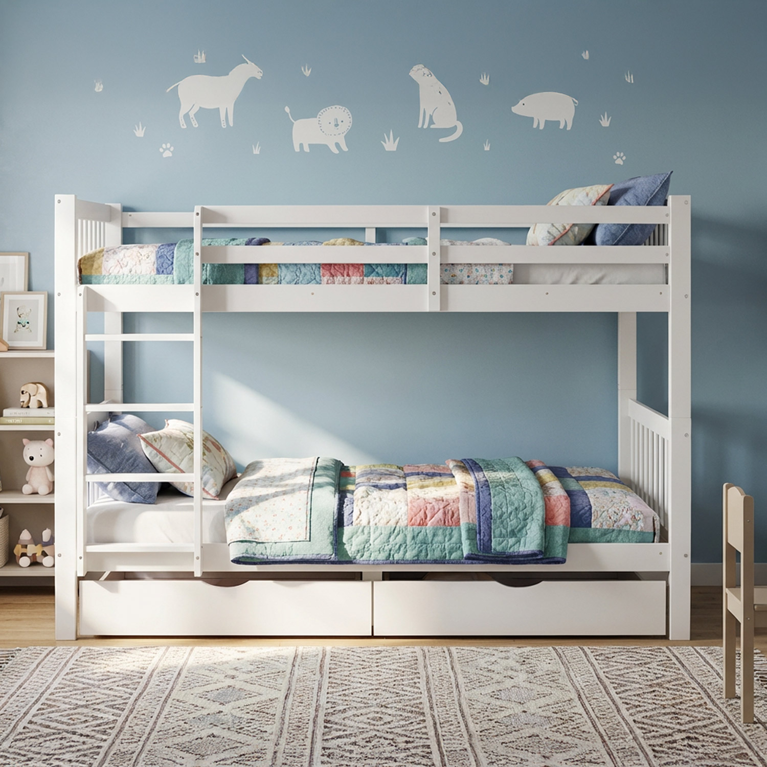 White Bunk Bed 90x200 cm | Children’s Bed with Mattress | with 2 Underbed Drawers | Slatted Base Included | Safety Guard | Convertible | Solid Wood