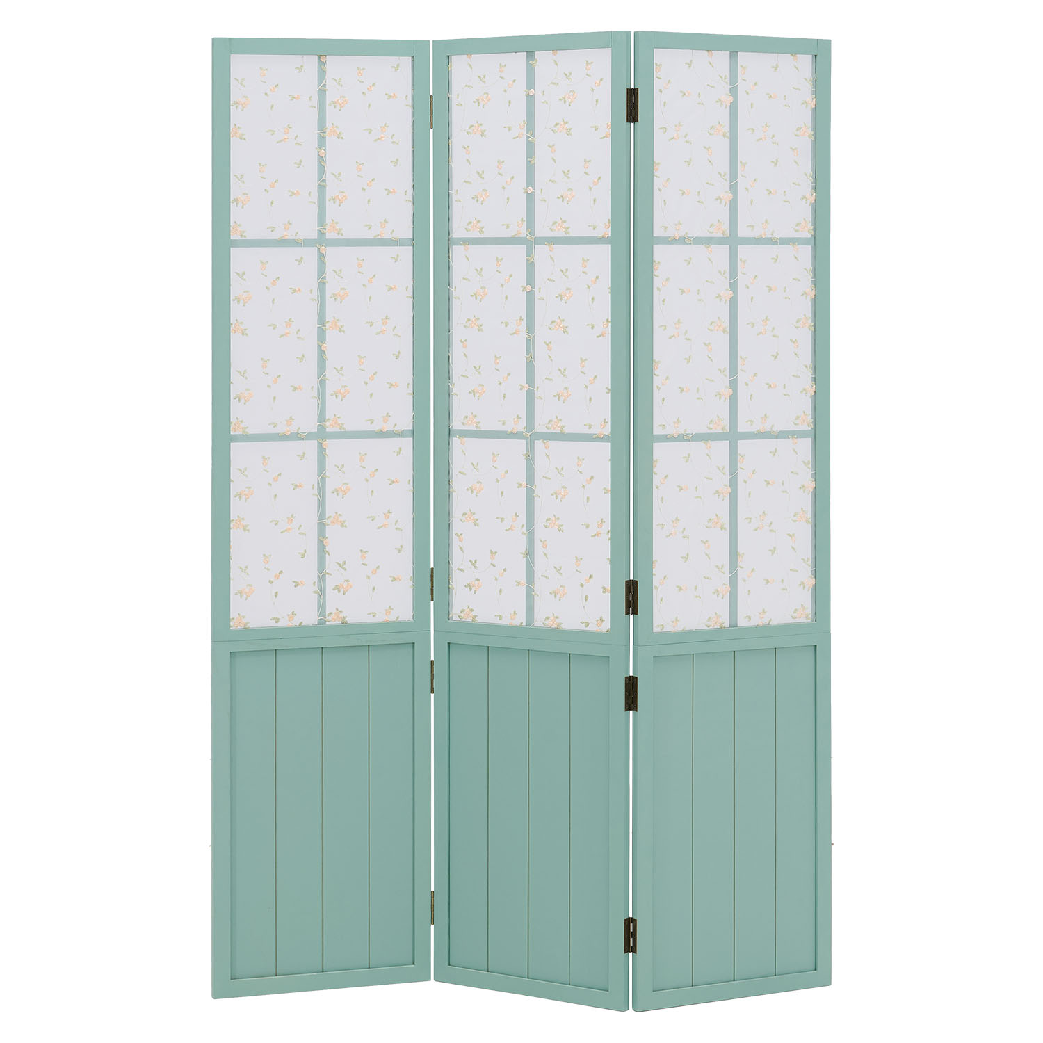 Turquoise Room Divider – 3-panel, country-style with floral pattern & fabric covering