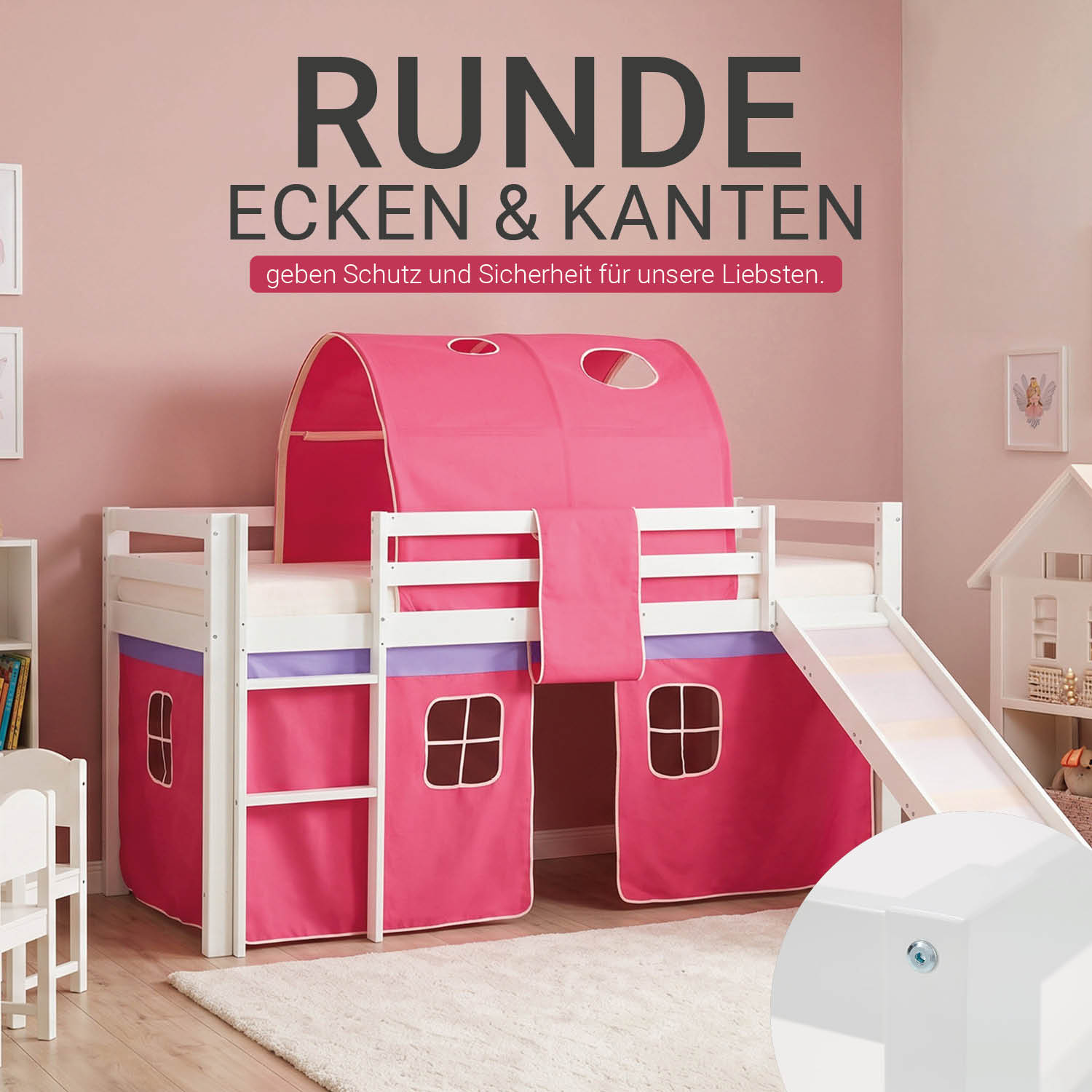 Children's Loft Bed 90x200 cm, White with Pink Curtain | Tunnel | Slide | Includes Slatted Base