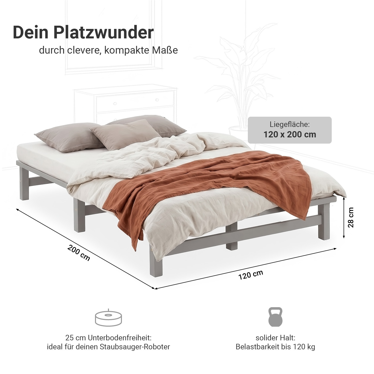 120x200 cm Grey Pallet Bed – Wooden Double Bed with Mattress & Slatted Base for Teen Rooms, Guest Rooms, and Bedrooms
