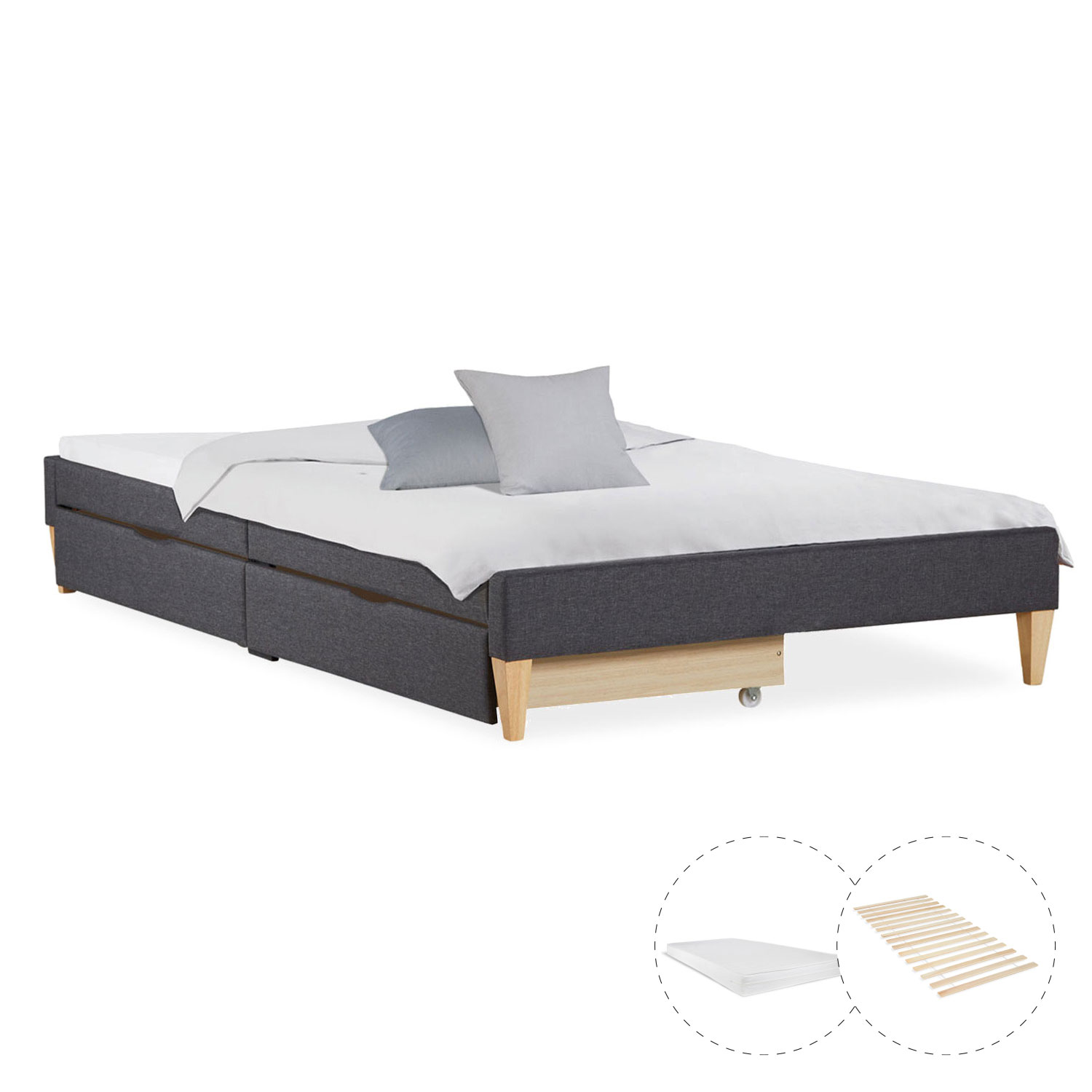 Upholstered bed 90x200 cm grey | futon bed | with slatted frame | with mattress | with 2 bed drawers | single fabric bed frame