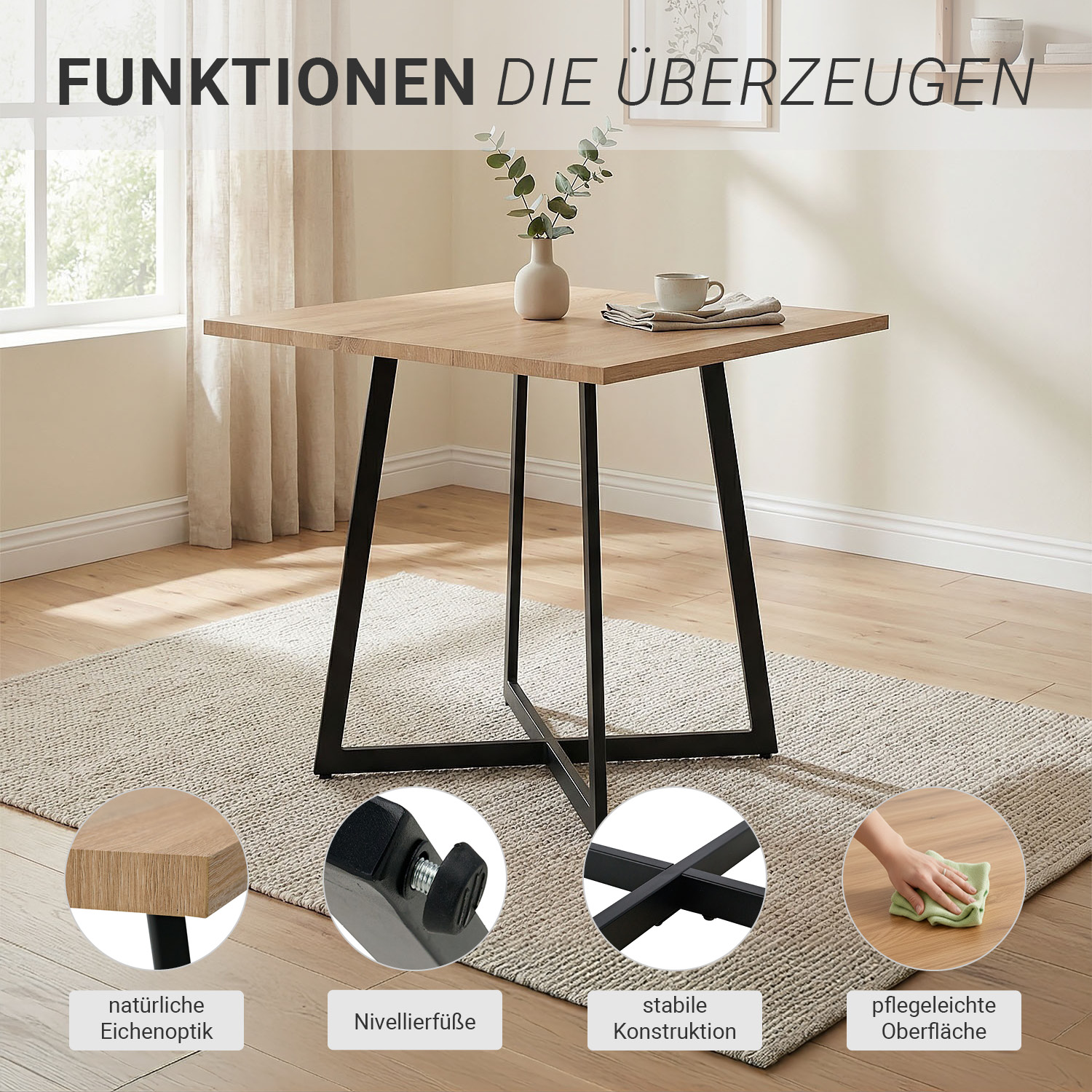 Modern Dining Table Kitchen Table Wooden Table 80x80 cm Oak Black Metal 4 Seater