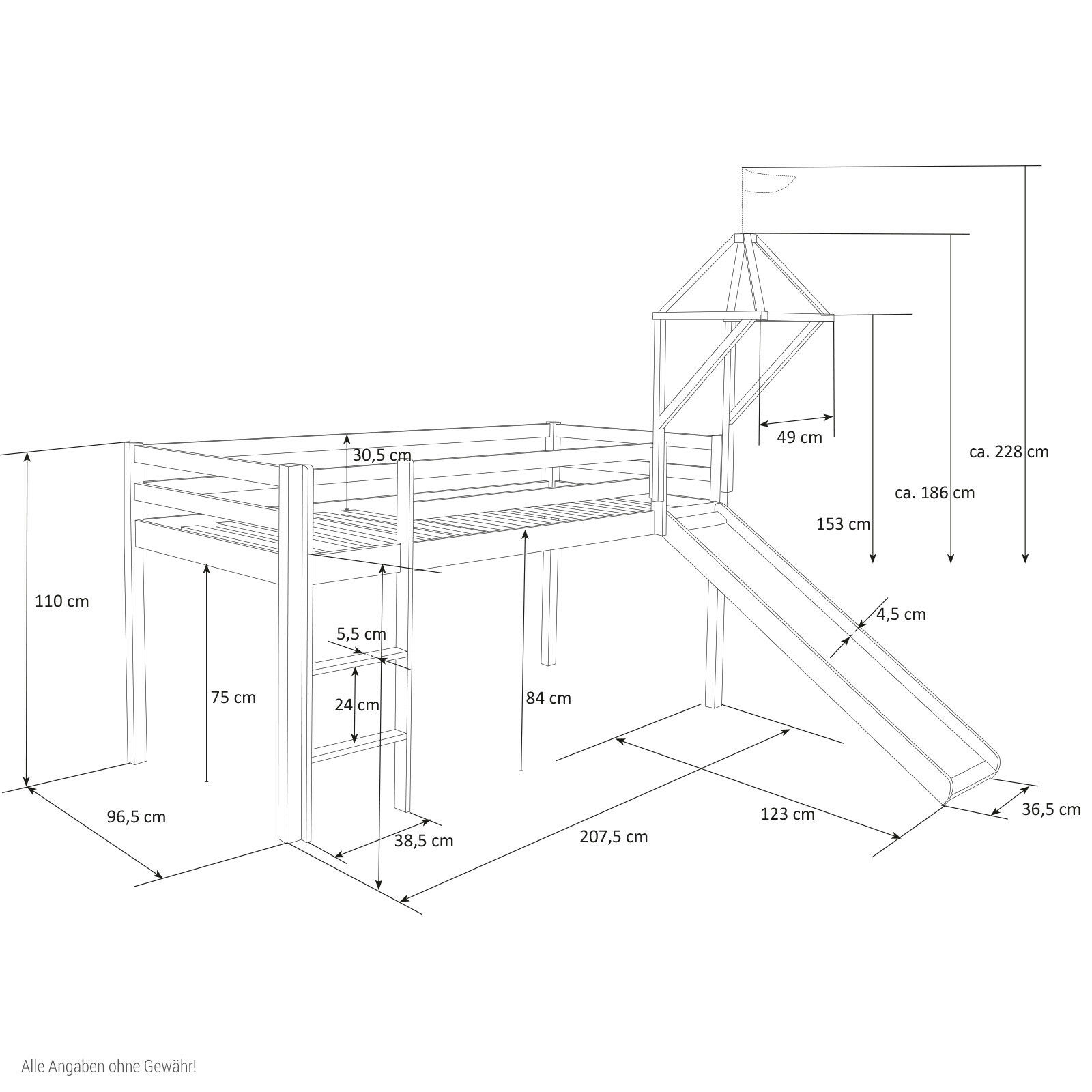 Loft Bed Kids 90x200 cm Gray with Curtain Stars | Tower | Slide | without Slatted Frame