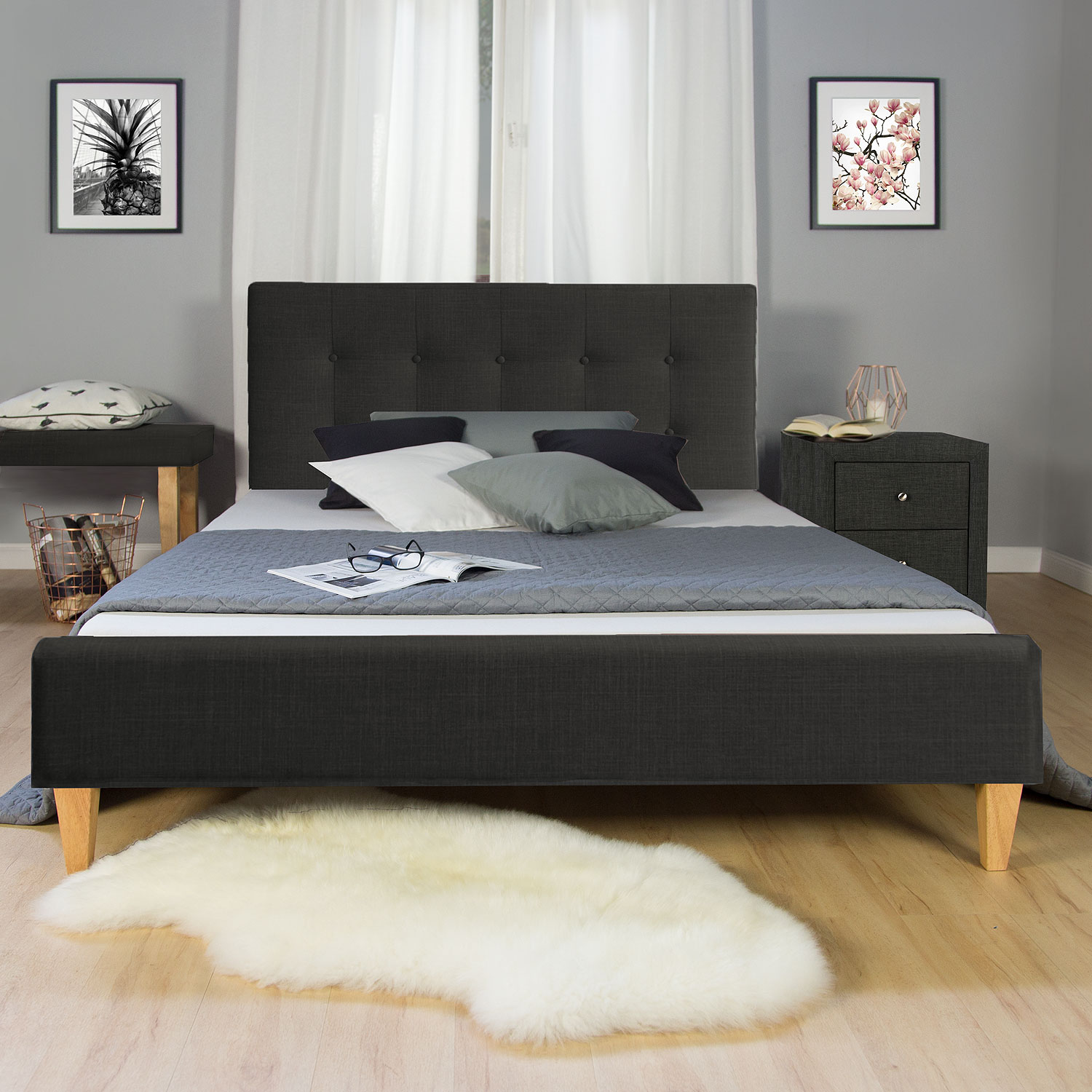 Polsterbett Nachttisch Schwarz Grau Braun 140 160 180 x 200 cm Bett mit Lattenrost Beistelltisch 