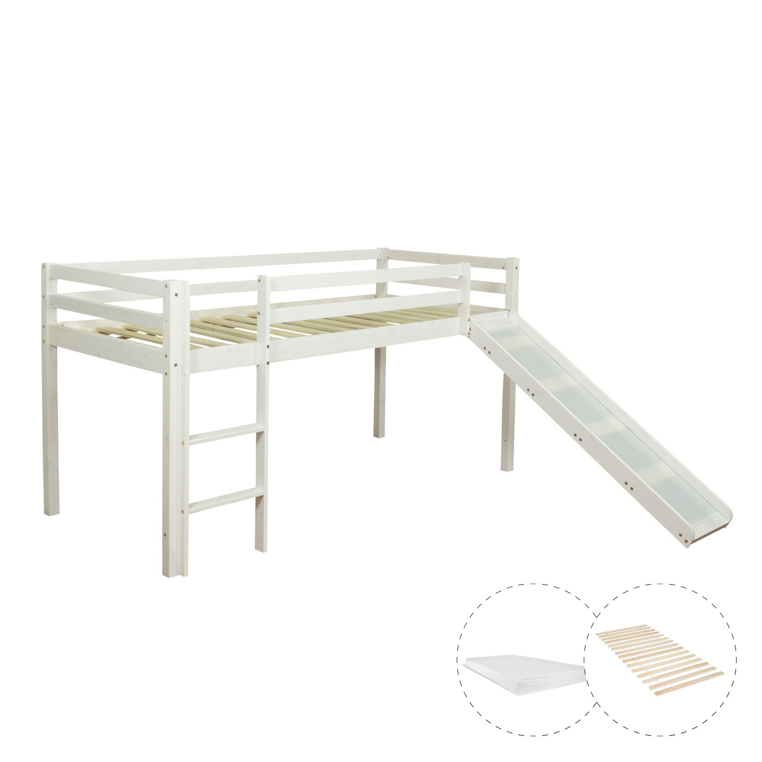 Loft Bed with Mattress Slatted Frame Slide 90x200 cm Children's Bed Bunk Bed White Play Bed Loft Bed with Mattress Slatted Frame Slide 90x200 cm Children's Bed Bunk Bed White Play Bed