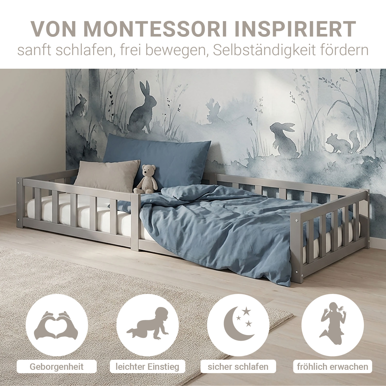 Children's Bed 90x200 Grey | Floor Bed with Mattress & Slatted Frame | with Fall Protection | Montessori