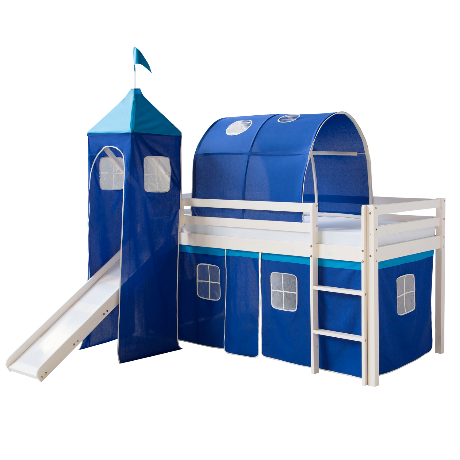 Loft Bed Kids 90x200 cm White with Curtain in Blue | Tunnel | Tower | Slide | with Slatted Frame