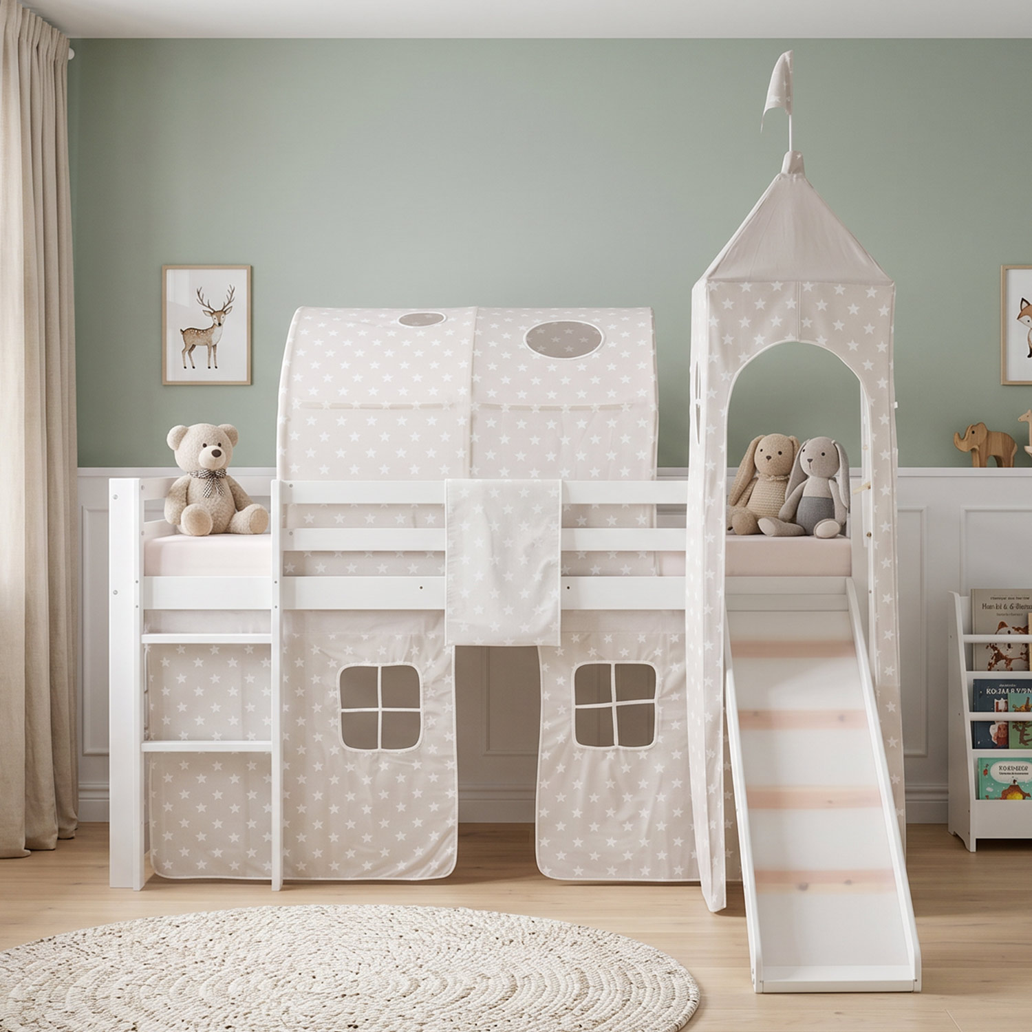 Children's Loft Bed 90x200 cm White with Star Curtain | Tunnel | Tower | Slide | Includes Slatted Base | Includes Mattress