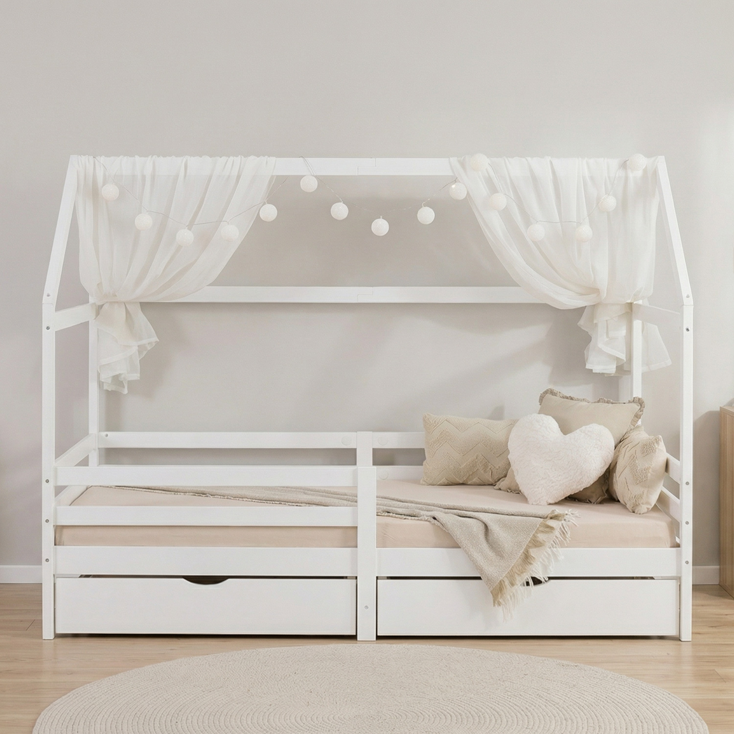 Children's Bed 90x200 cm White | House Bed with Fall Protection and Bed Drawer | Montessori | Single Bed | with Slatted Frame | Wood