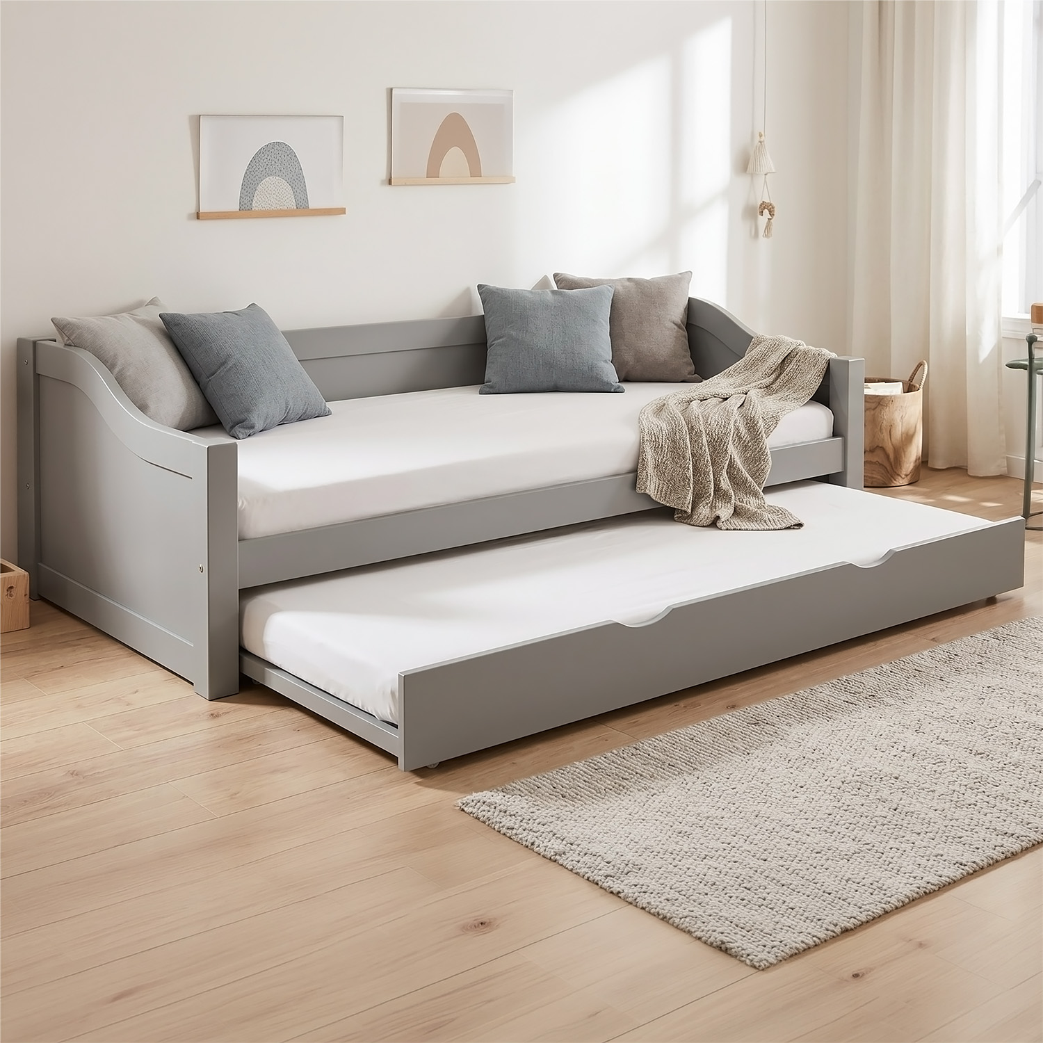 Wooden Bed 90x200 cm Gray | Extends to a Double Bed | Bunk Bed | With Slatted Base | Can Be Combined with a Duo Bed | Convertible Bed | Multifunctional Bed