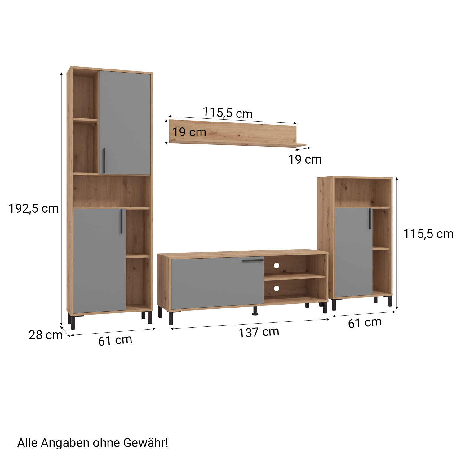 Modern living room unit 4 part cupboard set white grey wall unit wood oak TV set with storage entertainment center