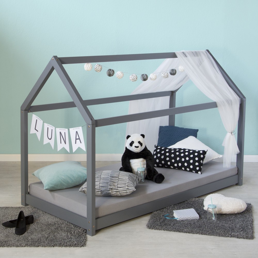 Children's Bed 90x200 cm Gray | House Bed | Single Bed | with Slatted Frame | Wood | Floor Bed