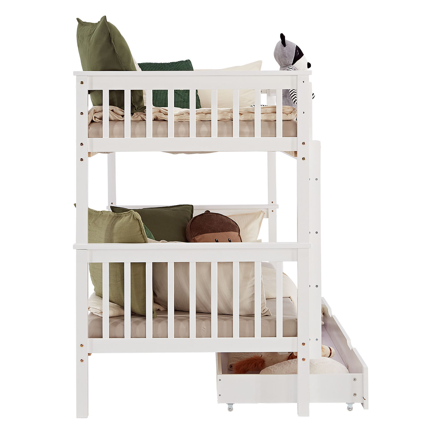 Bunk Bed 90x200 cm White | Kids Bed with Mattress | Storage | Fall Protection | Convertible | Massif pine wood