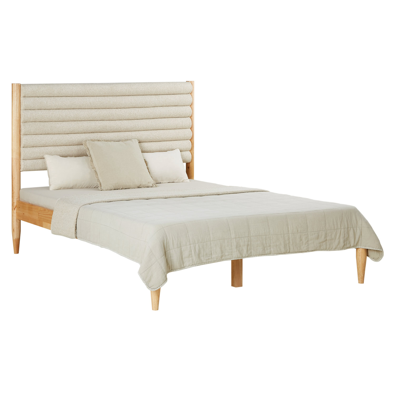 Wooden Bed 140x200 cm Beige Bouclé with Upholstered Headboard & Slatted Base – Modern Double Bed with Solid Wood Frame