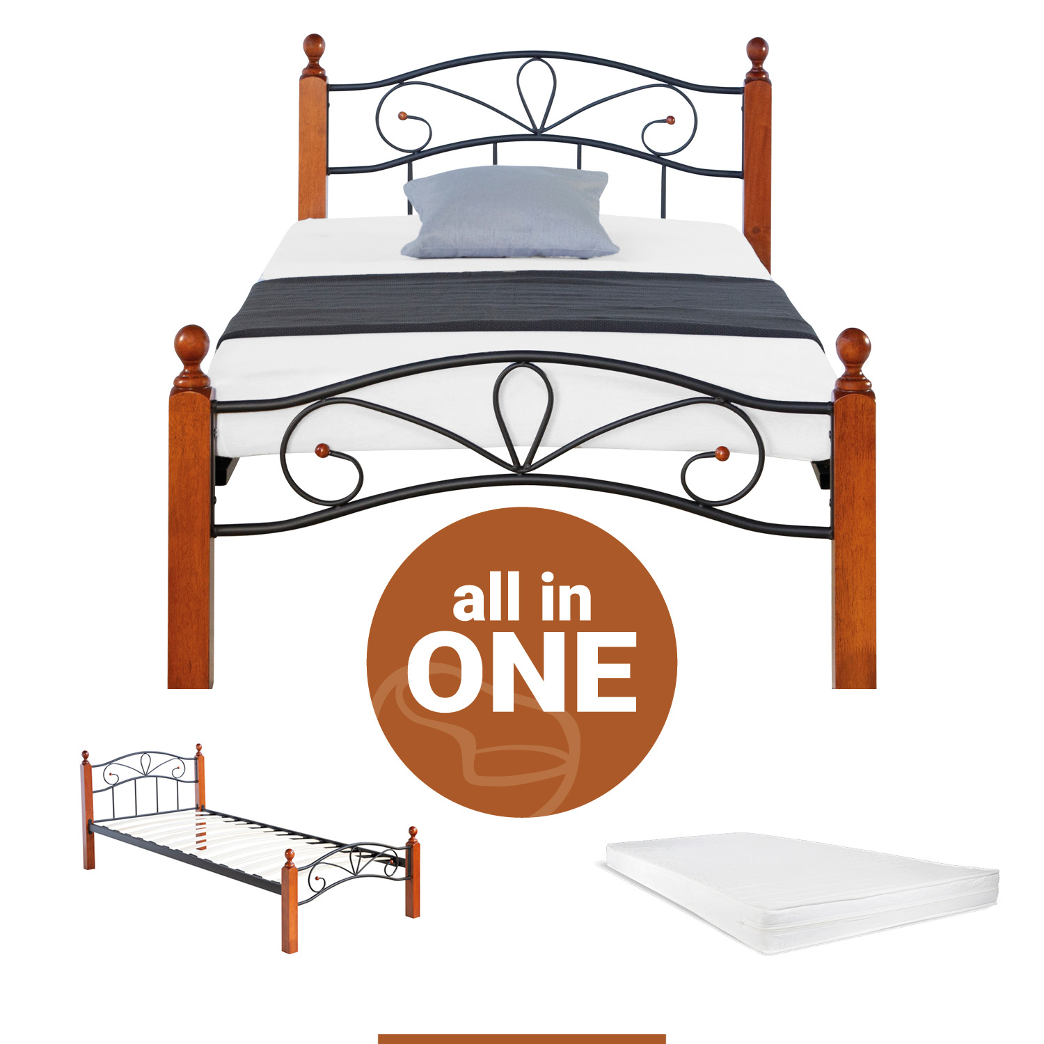 Metal Bed with Mattress Slatted Frame 90x200 cm Bedstead Black Brown Wood Single Daybed