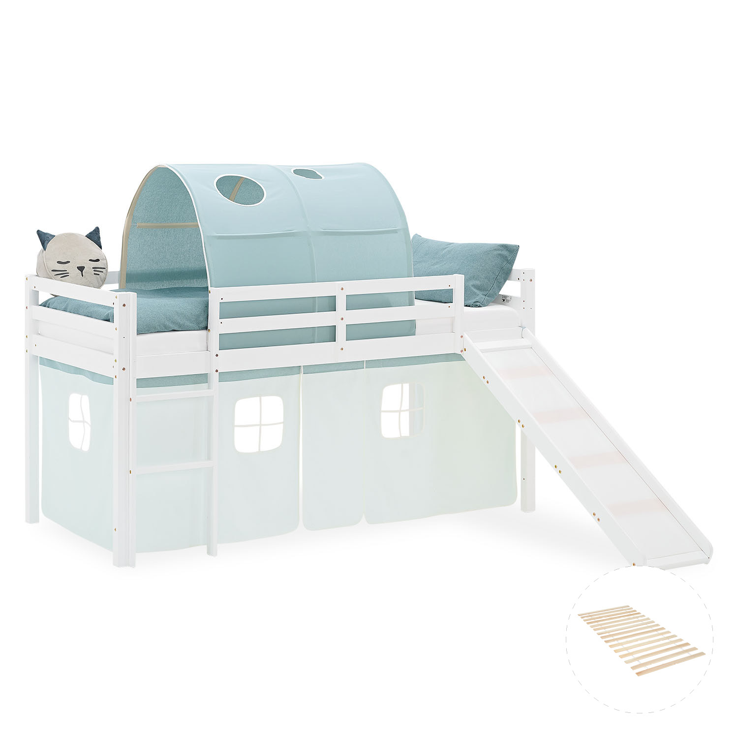 Loft Bed for Kids 90x200 cm White with Curtain & Tunnel in Mint Green | Slide | with Slatted Frame