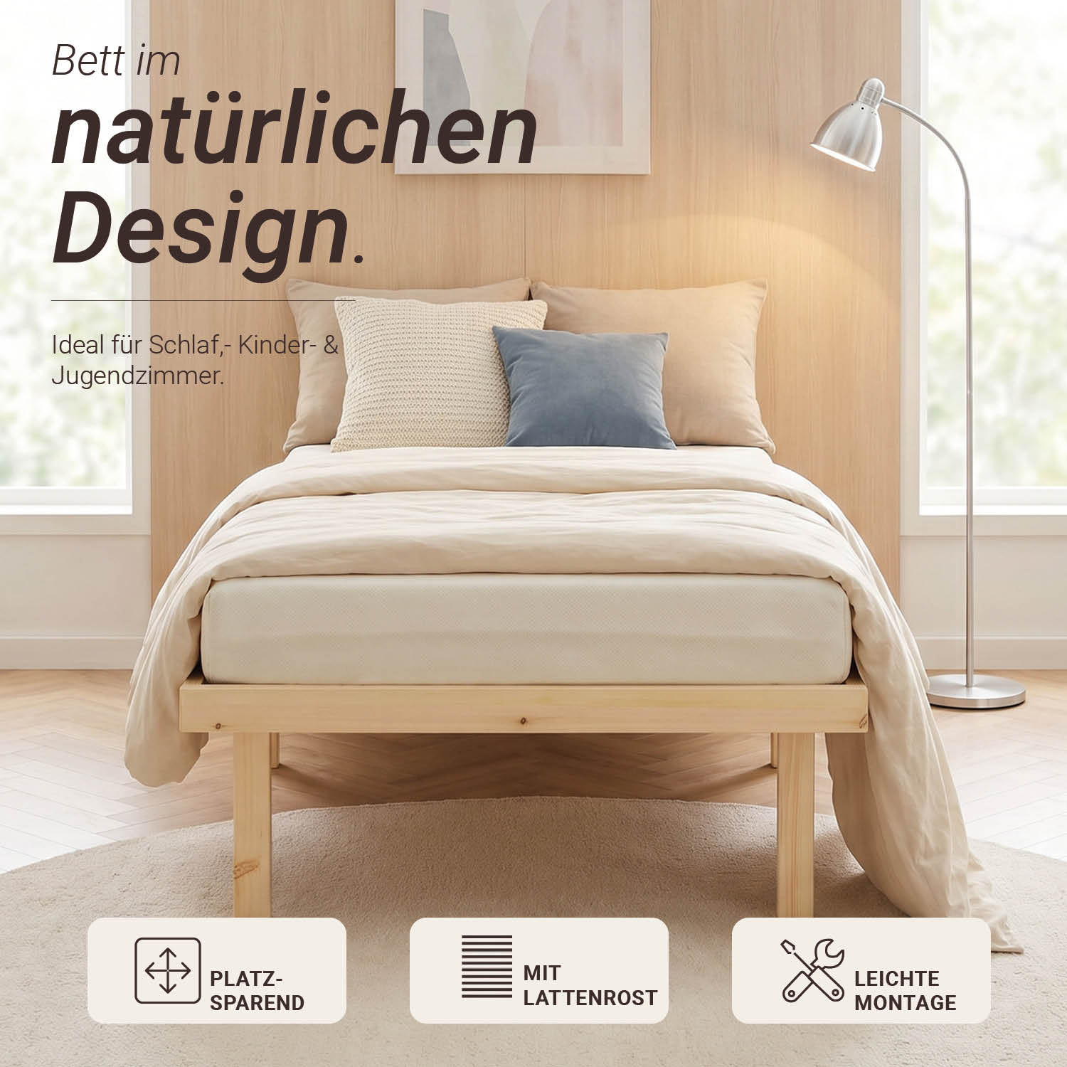 Bed frame 90x200 cm Wooden bed Untreated Single bed Solid wood Bed without headboard Guest bed Youth bed Mattress Slatted frame