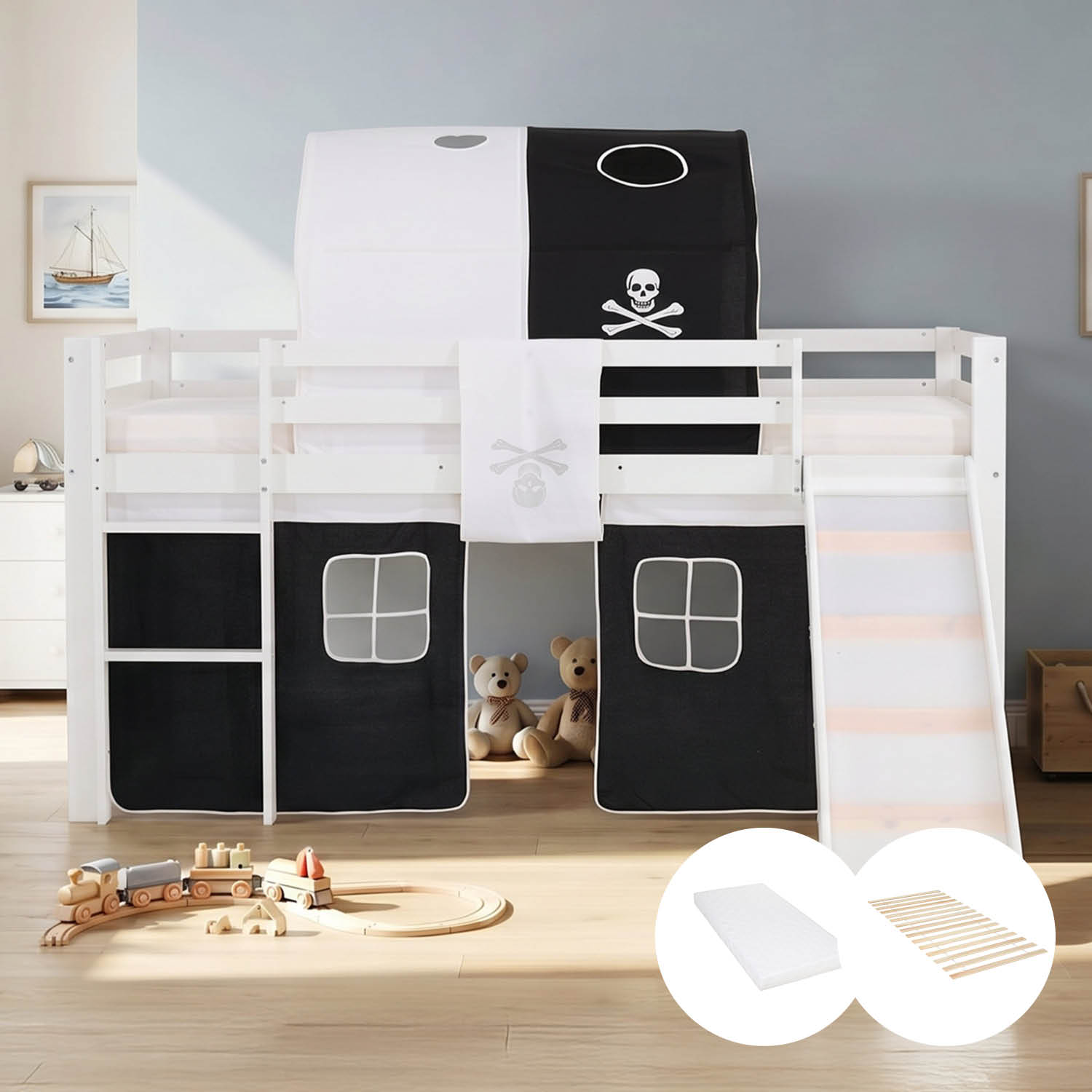 Children's Loft Bed 90x200 cm White with Black Curtain | Slide | Includes Slatted Base | Includes Mattress | Pirate | For Boys