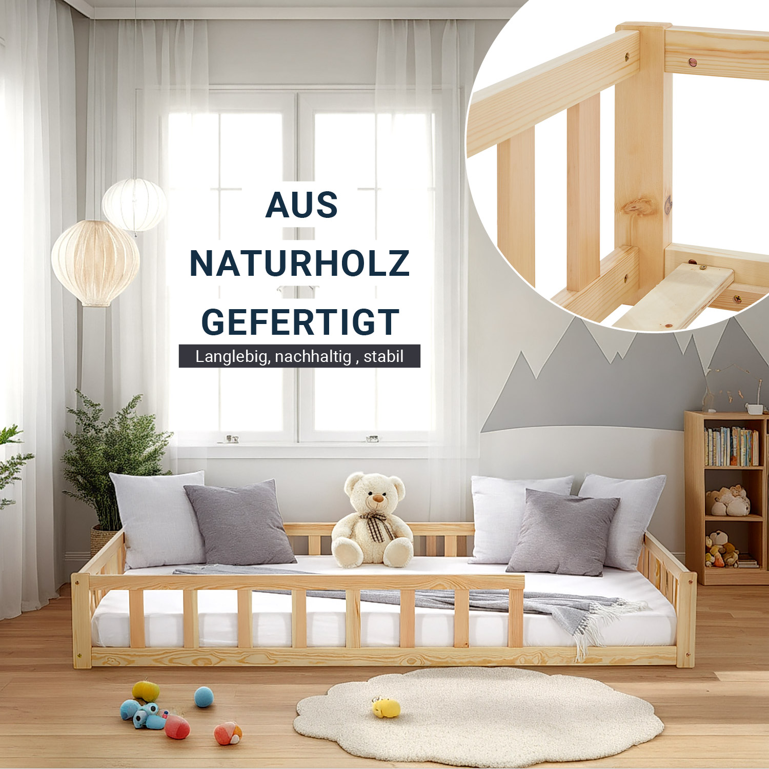 Toddler Floorbed 90x200 or 120x200 cm Montessori Bed with Barriers White Natural Wooden Infant Floor Bed Children's Bed Massif Kids Bed Single Bed Mattress