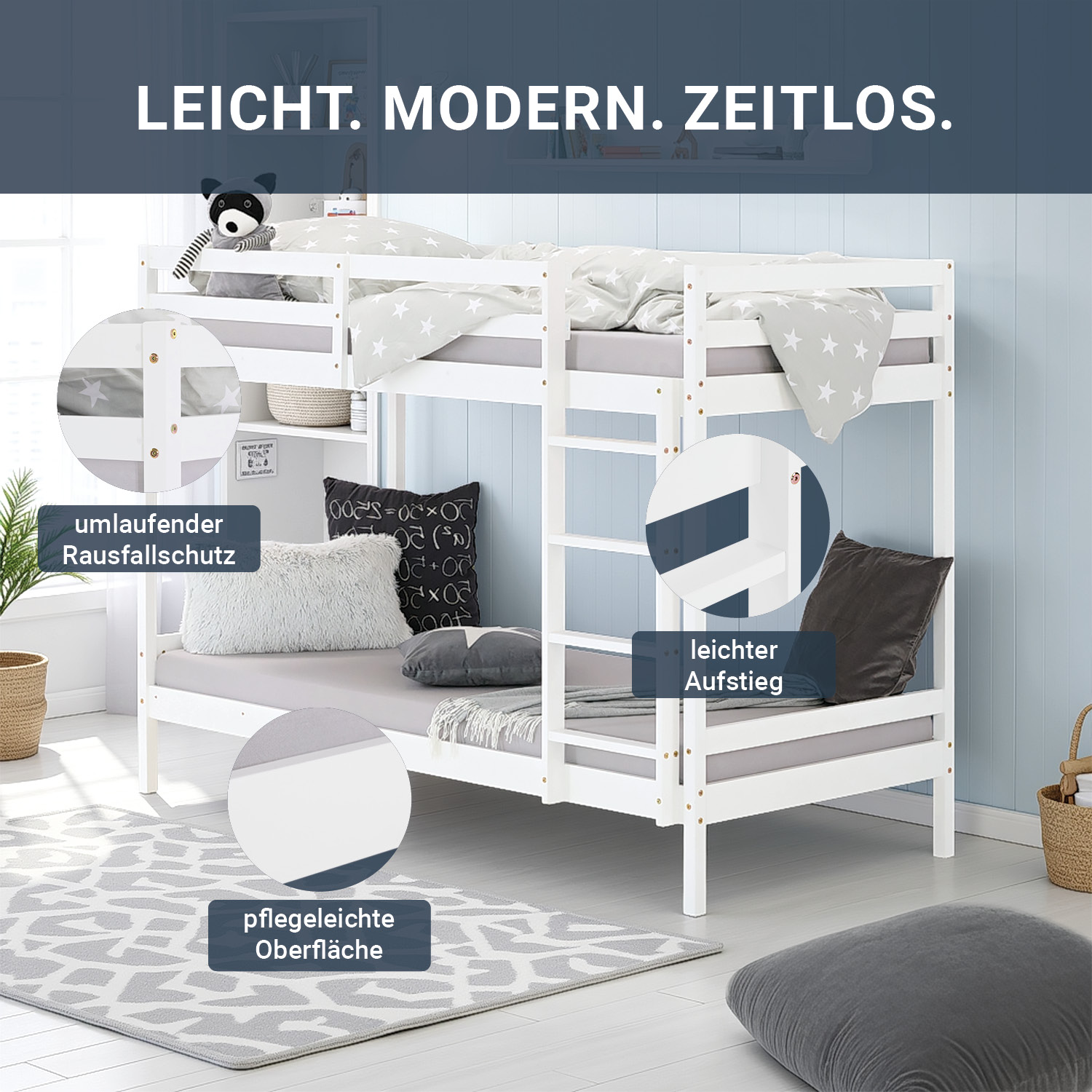 Bunk bed with 2 matresses Children bed 90x200 cm wooden Kids bed High sleeper White Slats