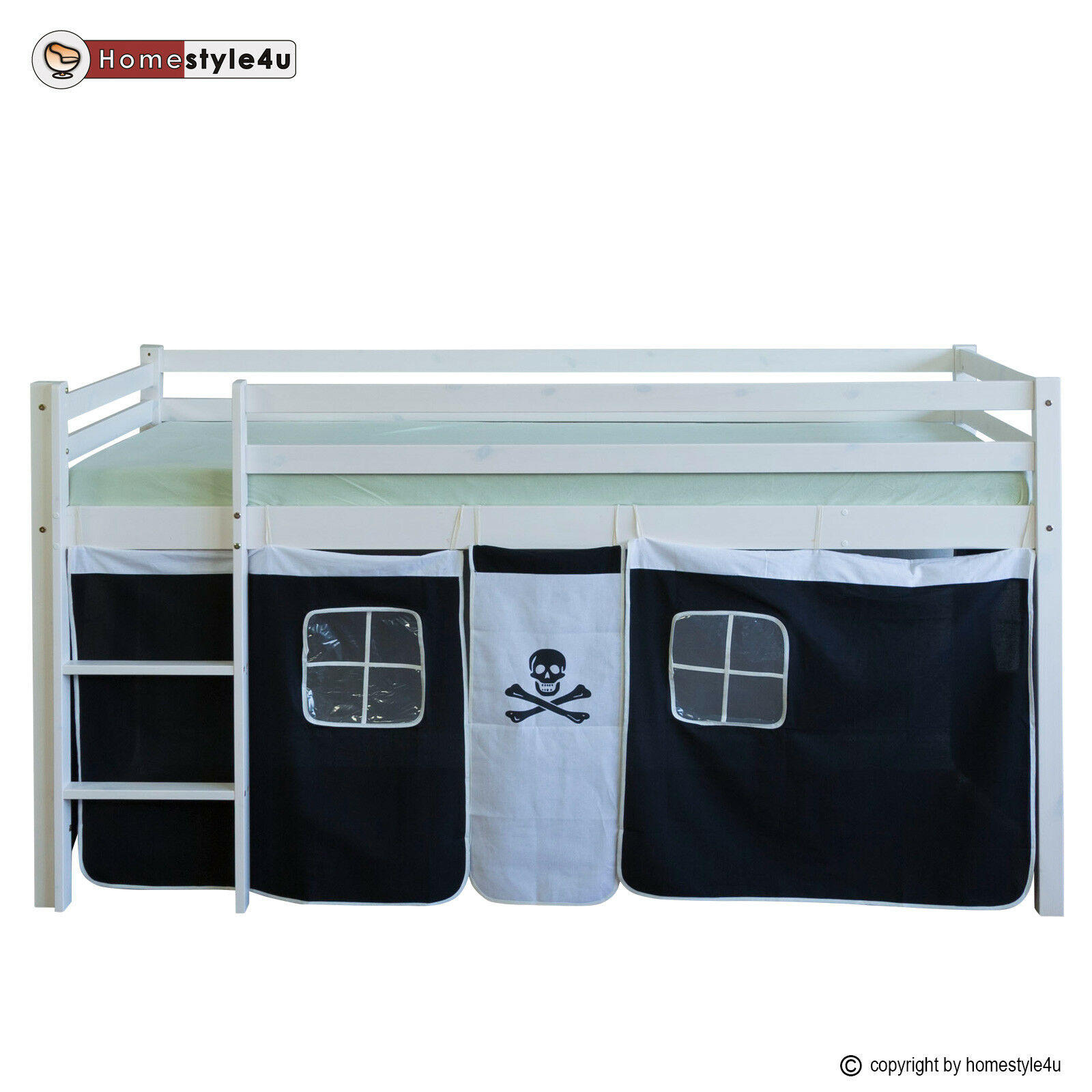 Loft Bed Kids 90x200 cm White with Curtain Black | without Slatted Frame Loft Bed Kids 90x200 cm White with Curtain Black | without Slatted Frame