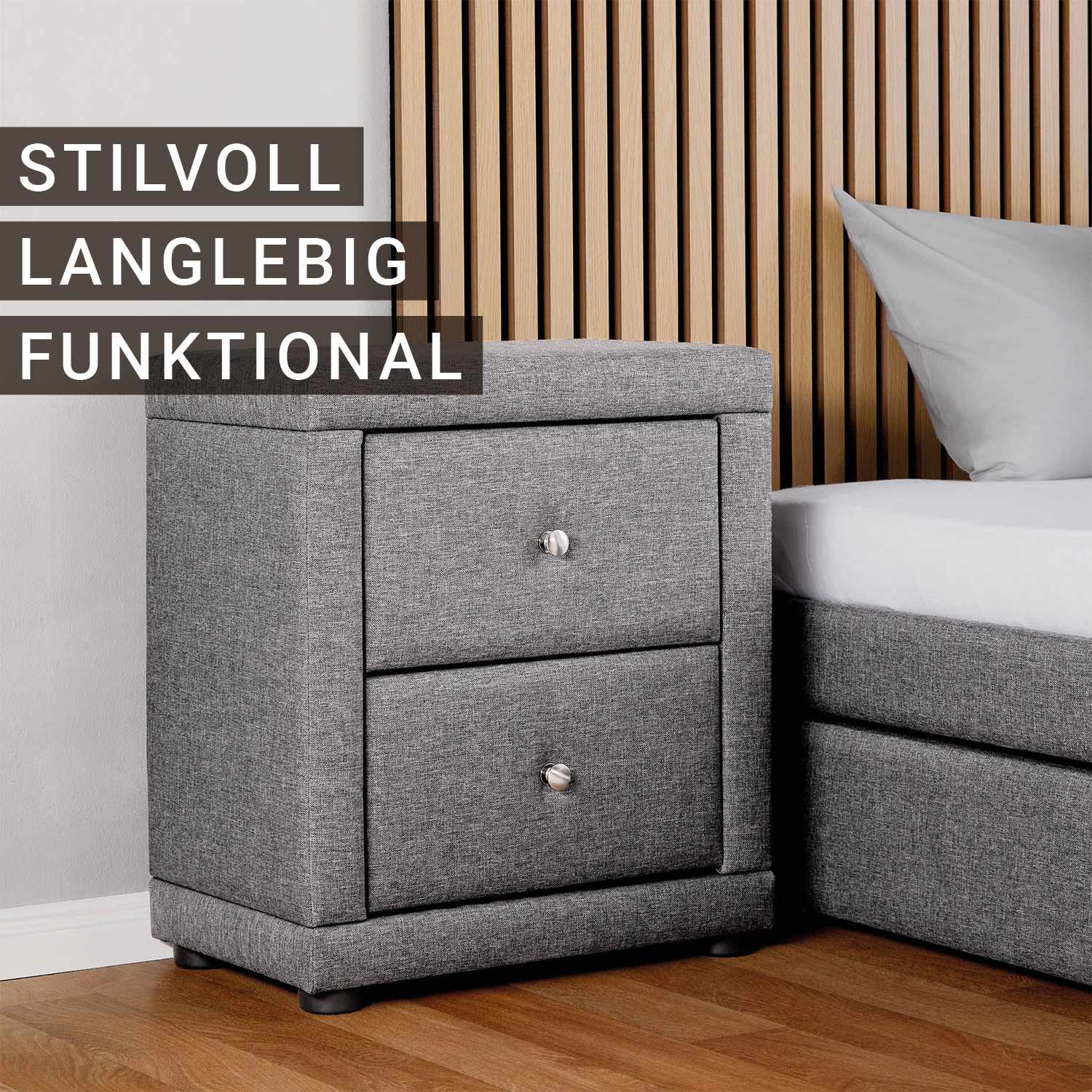 2 Bedside tables Nightstand bedroom 2 Chest drawers Side table Grey fabric