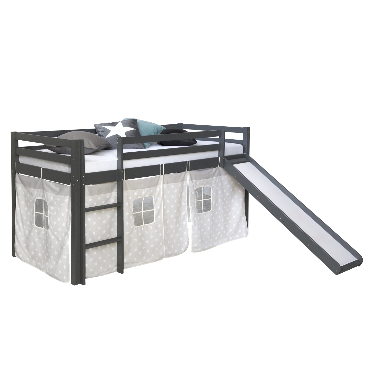 Loftbed 90x200 cm Grey Bunk bed Childrens bed Solid Pine Wood Tower Tunnel Curtain Stars Slide Mattress Slats