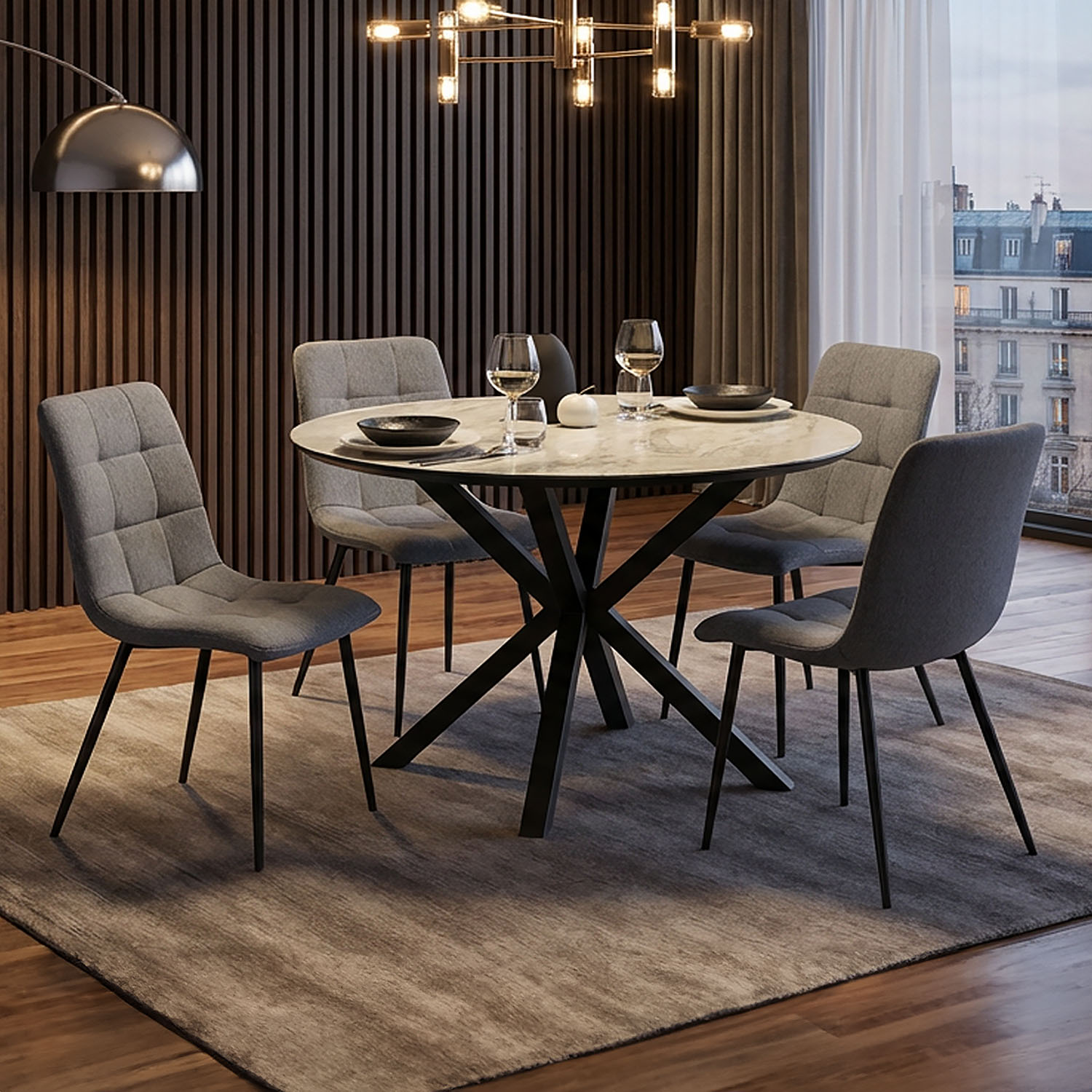 Dining set | 4-piece set upholstered chairs grey | dining table grey black metal frame round 110 cm