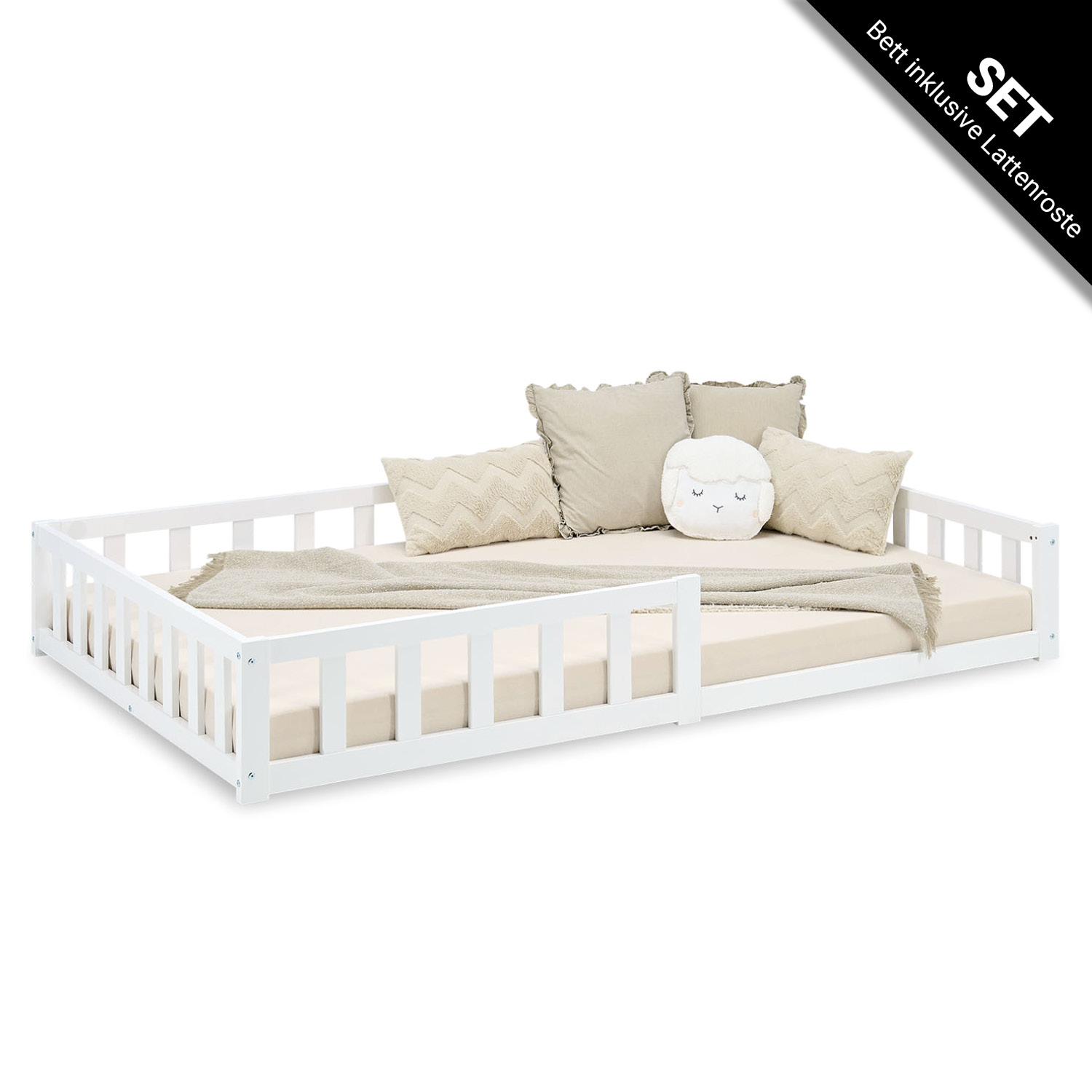 Montessori Crib 120x200 cm White with Safety Rail & Slatted Base – Solid Wood Crib