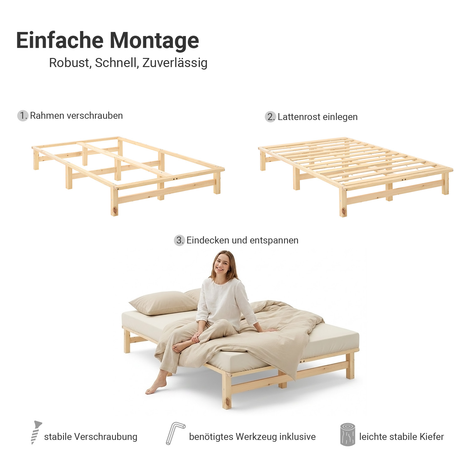 120x200 cm Natural Pallet Bed – Wooden Double Bed with Mattress & Slatted Base for Teen Rooms, Guest Rooms, and Bedrooms