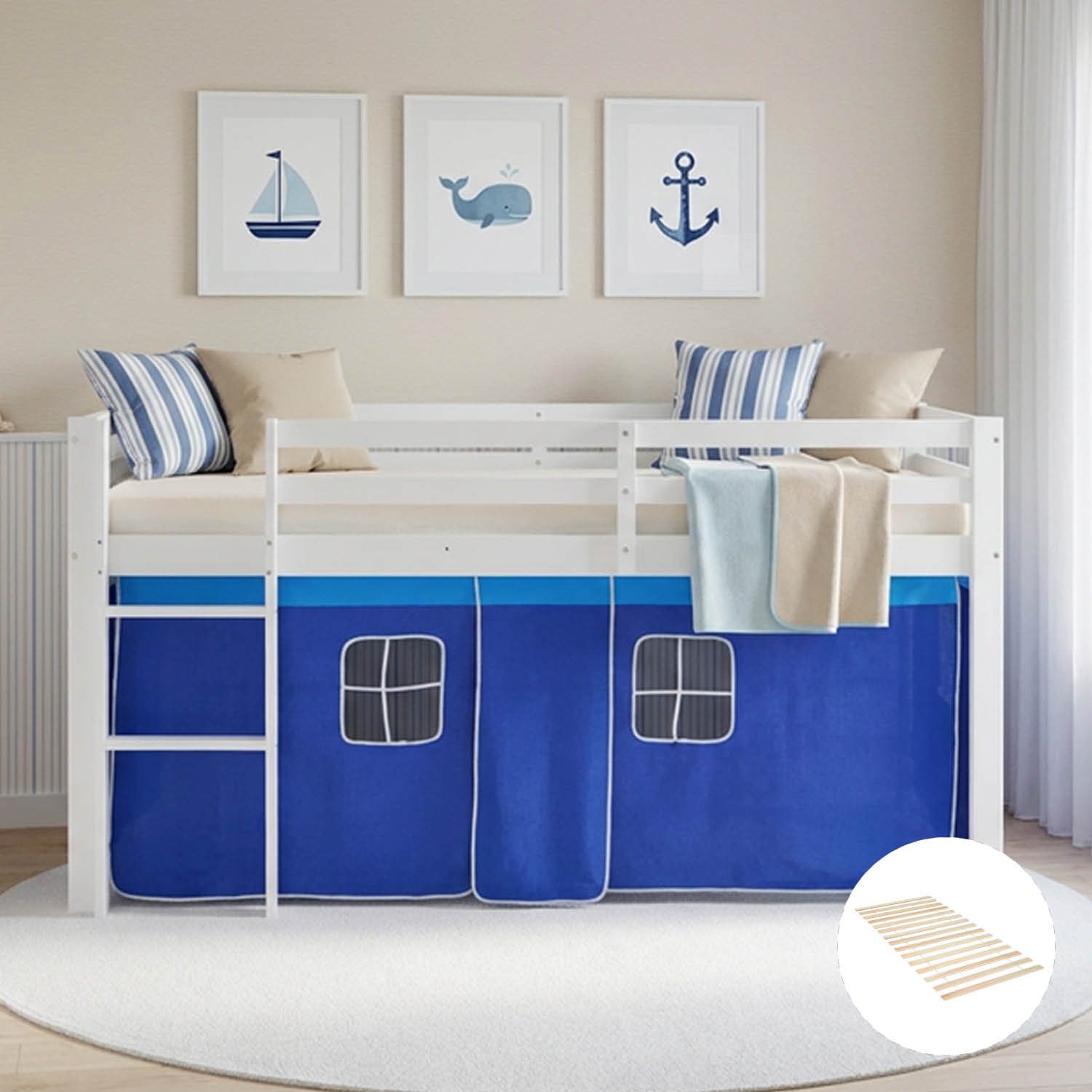 Children's Loft Bed 90x200 cm White with Blue Curtain | Includes Slatted Base