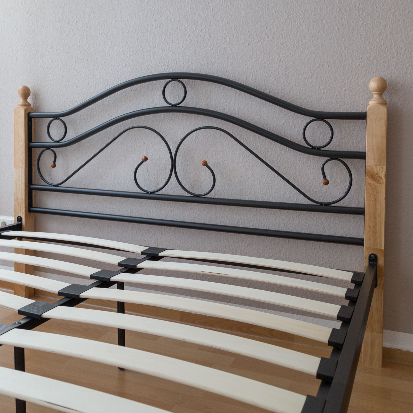 Metal Bed Iron Bed Double 160 x 200 Wood Slatted black natural bed frame 803