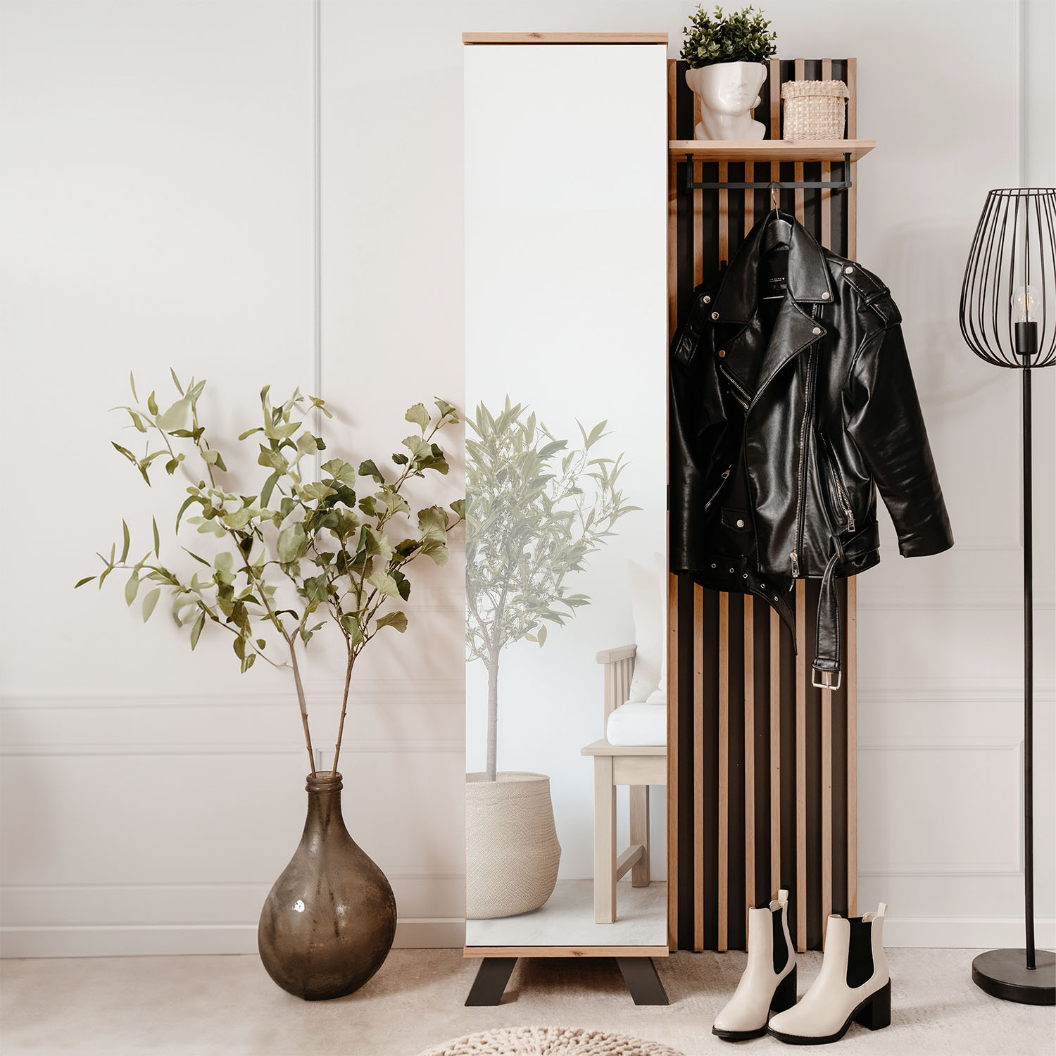 Industrial Look Wardrobe Hallway with Mirror Furniture Hall Unit Hallway Wardrobe Oak Wood 3D Wall Panel Entryway Coat Rack
