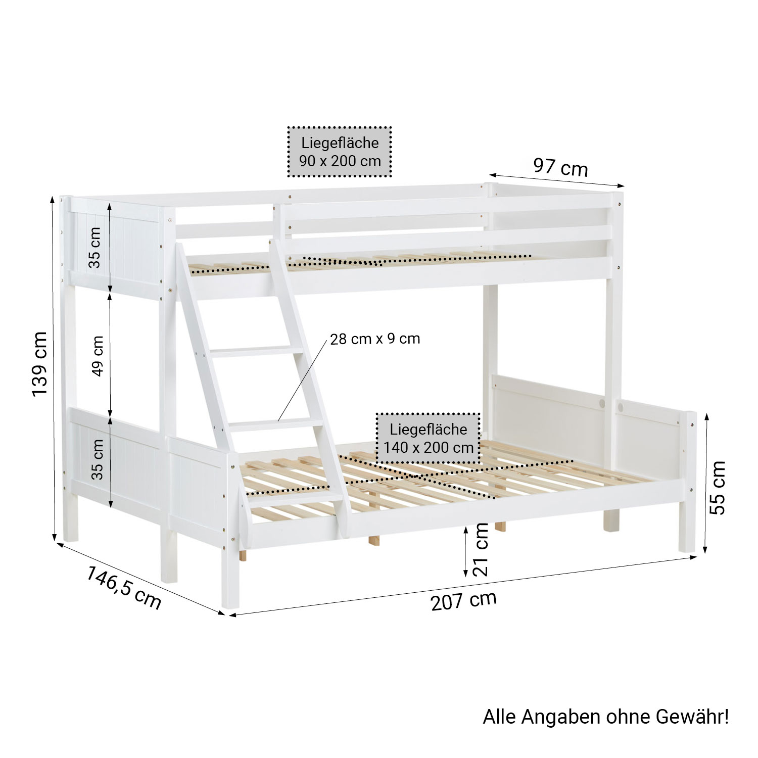 Bunk Bed Kids Bed 90x200 and 140x200 cm White Grey 2 Mattresses Wood Cabin Bed High Sleeper Bed Loft Bed Childrens Bed Twin Bed Drawer