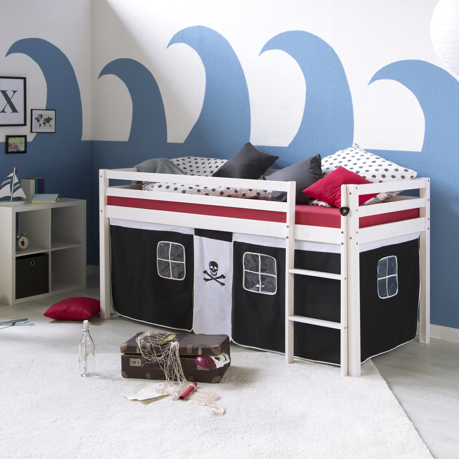 Loft Bed Kids 90x200 cm White with Curtain Black | without Slatted Frame Loftbed 90x200 cm Bunk bed Childrens bed Solid Pine Wood Tower Tunnel Curtain Black Pirate Slide Mattress Slats