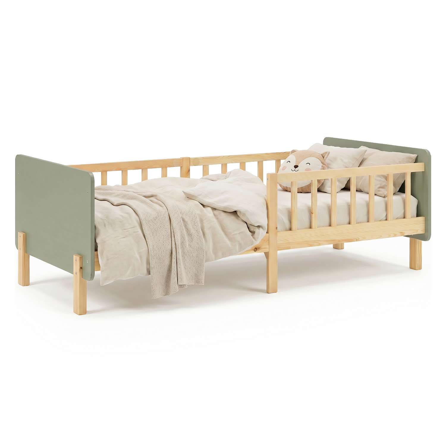 Single bed 90x200 cm Green with Mattress Wooden Bed frame Toddler bed with safety rail Kids bed Childrens bed Slatted frame